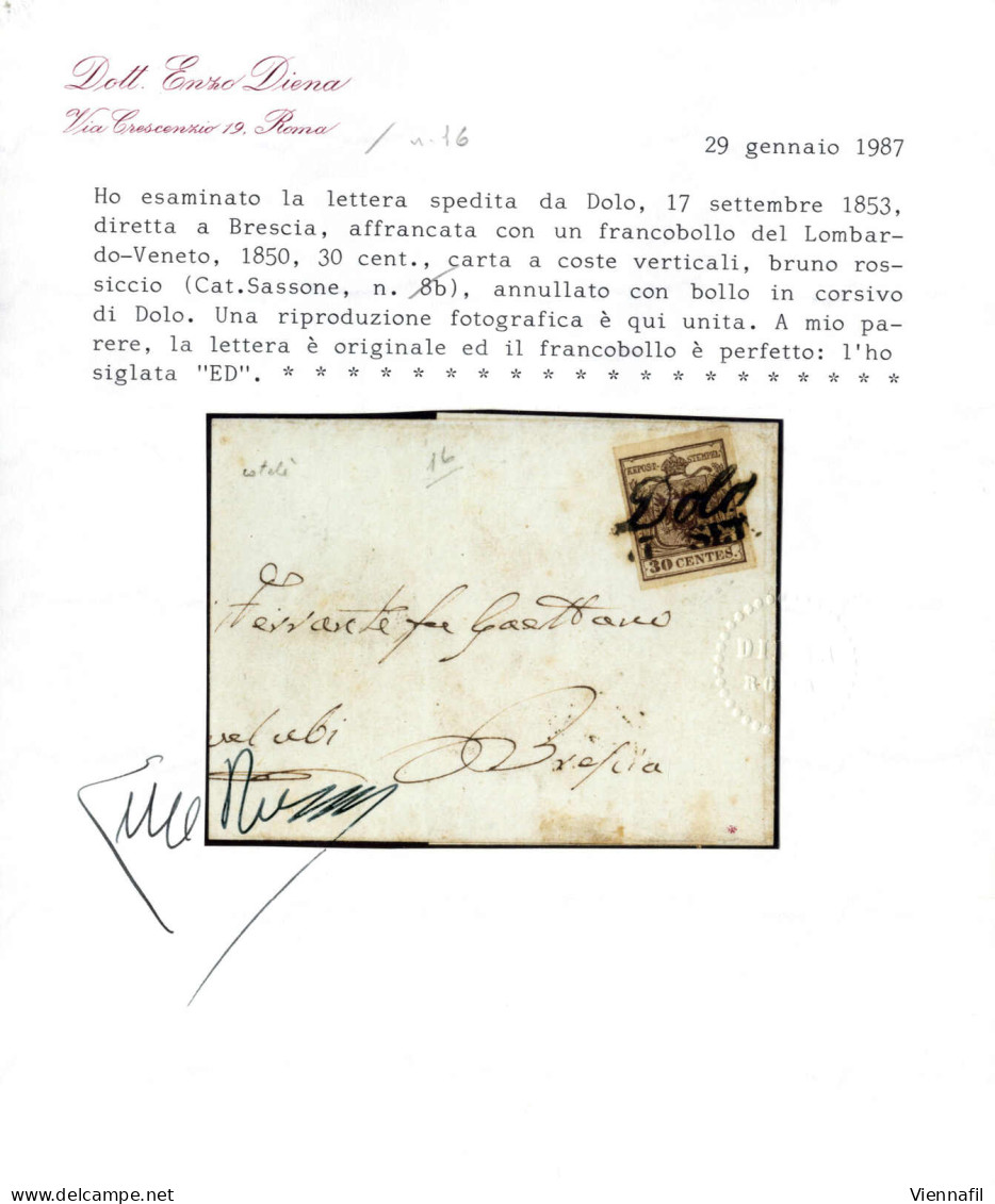 Cover DOLO 17 SET (annullo Cor) Su 30 Cent Su Carta A Coste Verticali, Lettera Spedita A Brescia, Certificato E.Diena, S - Lombardo-Veneto