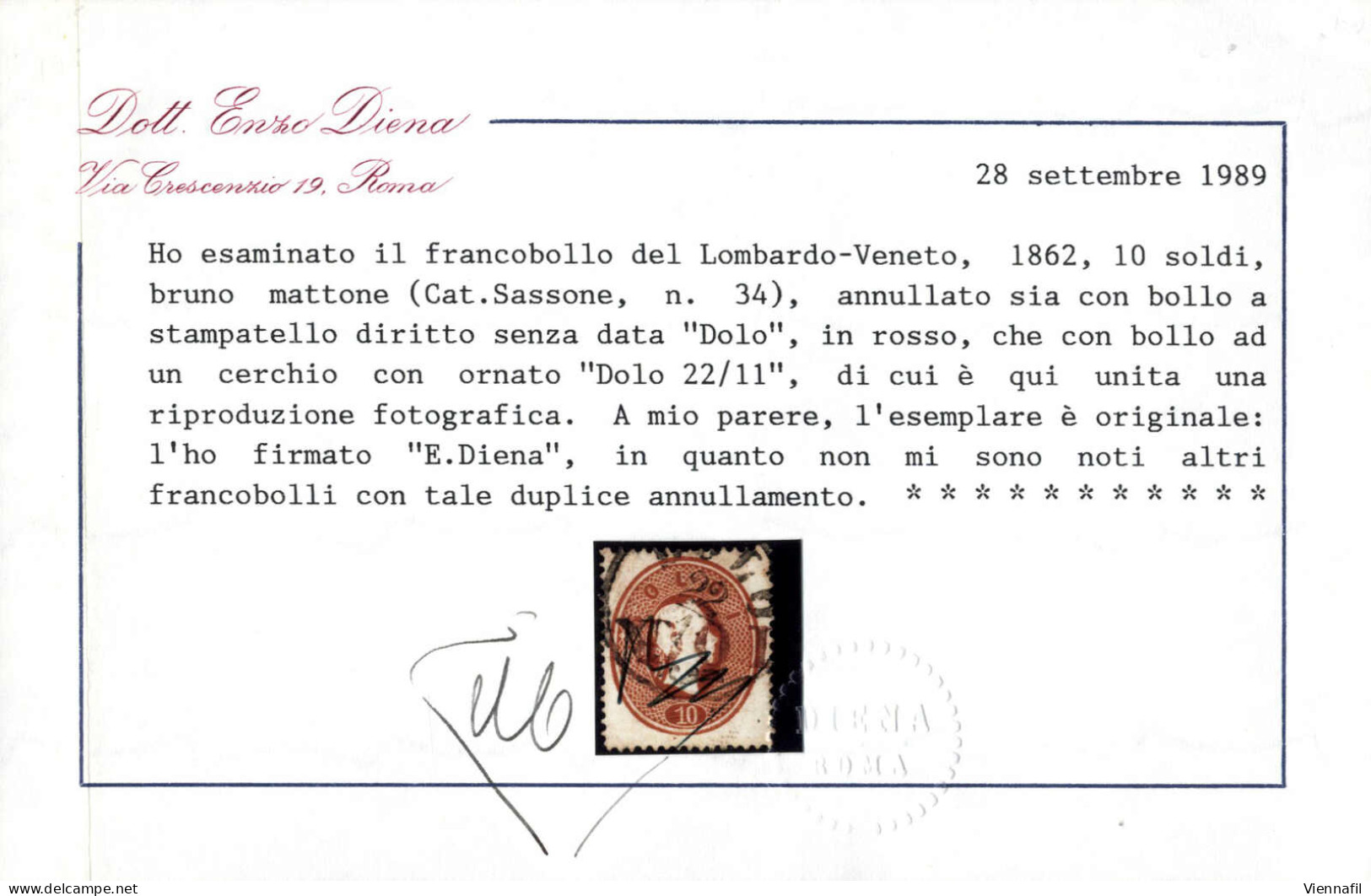 O DOLO In Rosso (annullo SD S D) E DOLO 22/11 (annullo CO) Su 10 Soldi II° Tipo, Unico Esemplare Noto, Certificato E.Die - Lombardije-Venetië
