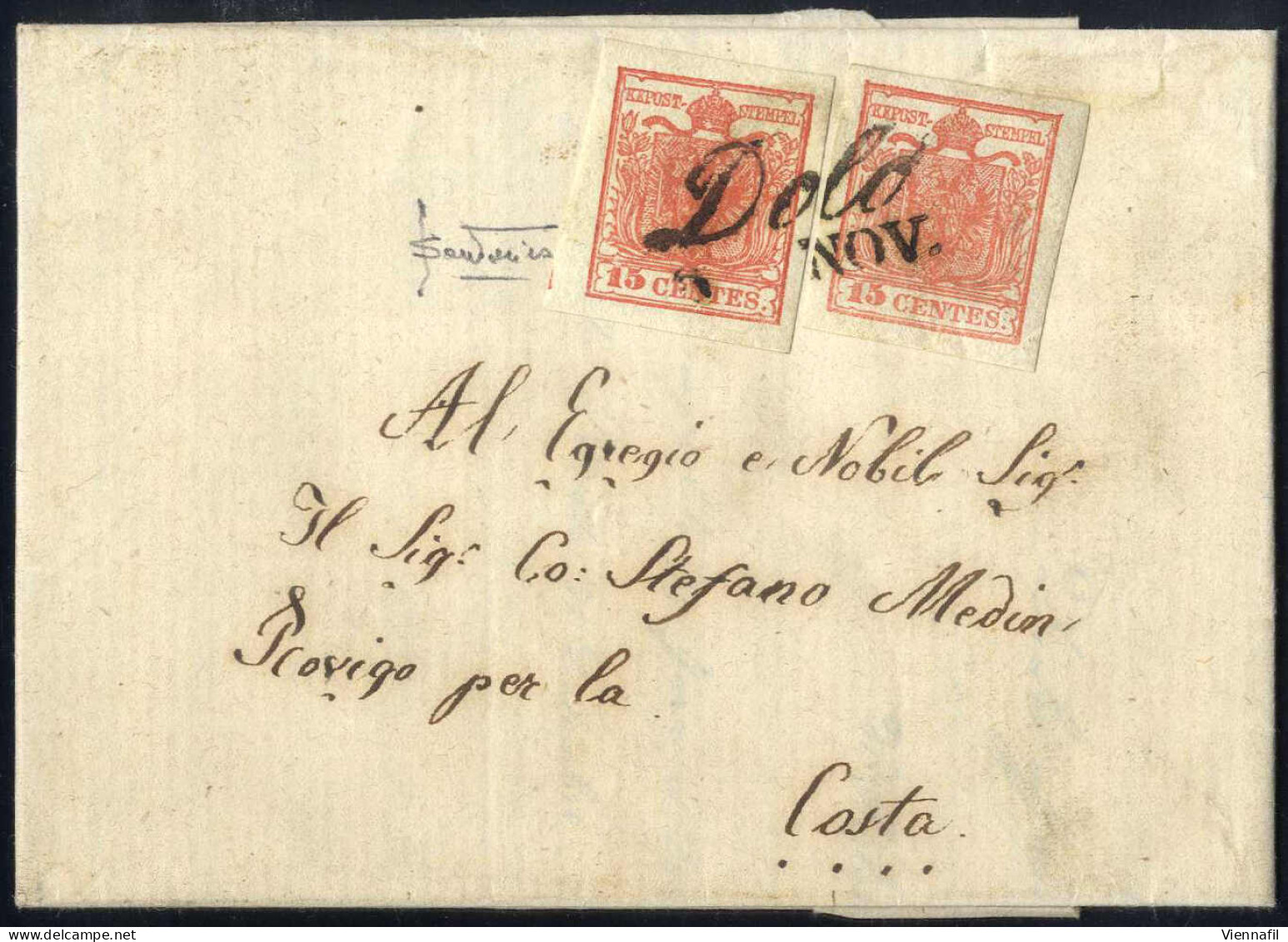 Cover Dolo, (Cor. Punti 3) Lettera Del 2.11.1854 Per Costa Affrancata Con Due 15 C. Rosso (due Sfumature) III Tipo Carta - Lombardy-Venetia