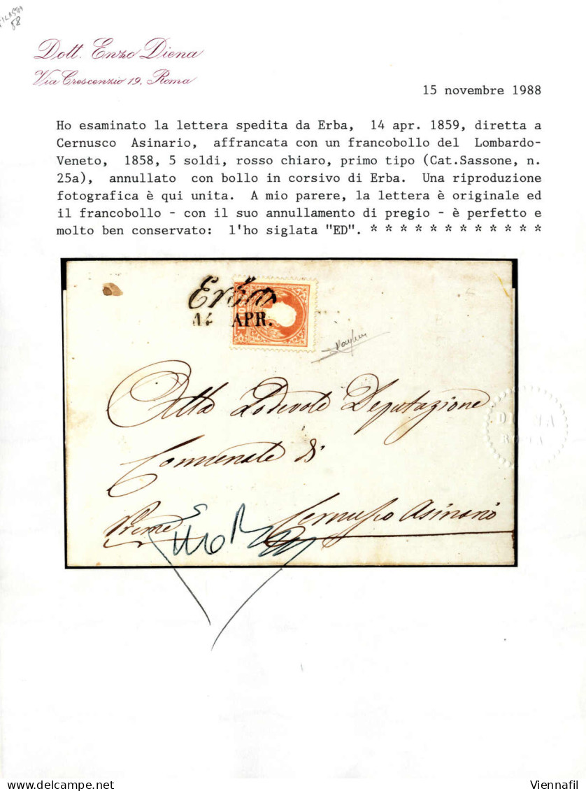 Cover ERBA 14 APR (annullo Cor) Su 5 Soldi I° Tipo, Lettera Spedita A Cernusco Asinario, Certificati E.Diena E Raybaudi, - Lombardy-Venetia