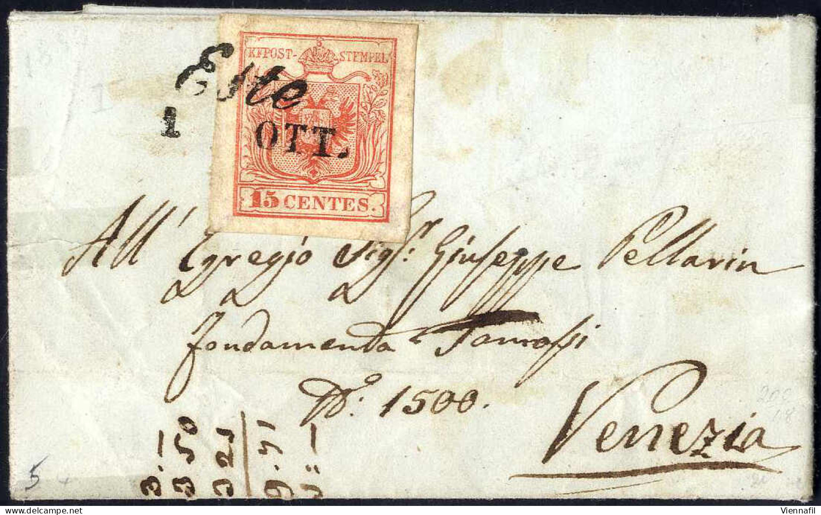 Cover Este, (Cor. Punti 5) Minilettera Del 1.10.1850 Per Venezia Affrancata Con 15 C. Rosso I Tipo Prima Tiratura Carta  - Lombardije-Venetië