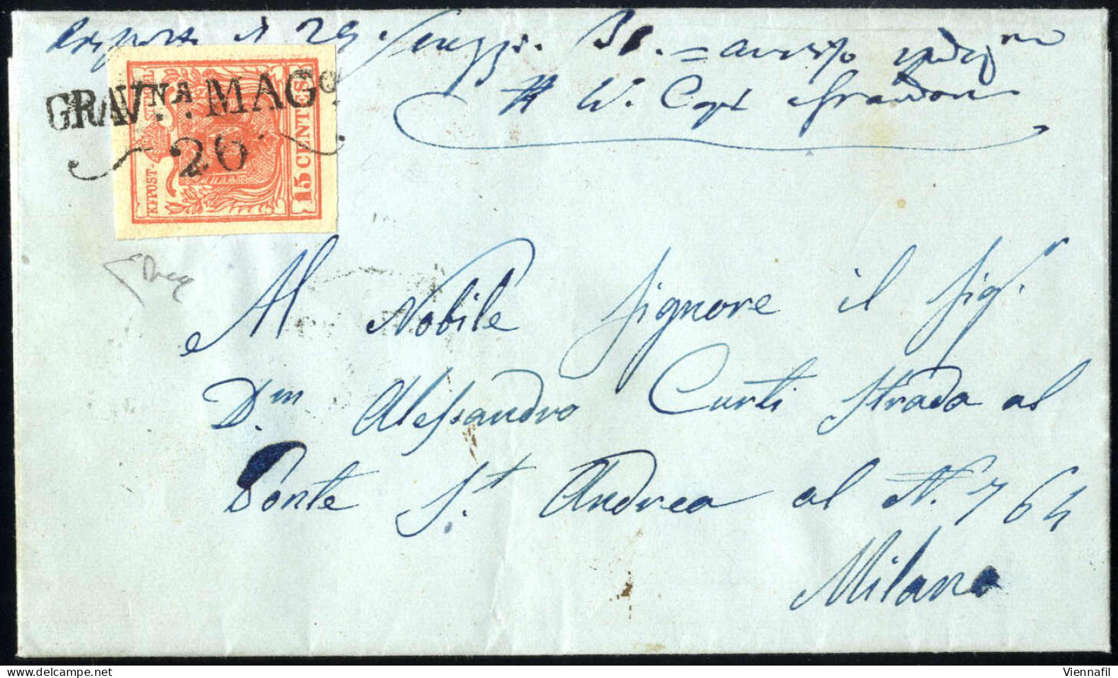 Cover Grav.na, SD Punti 13, Lettera Del 26.5.1851 Per Milano Affrancata Con 15 C. Rosso Vermiglio I Tipo Carta A Coste V - Lombardo-Vénétie