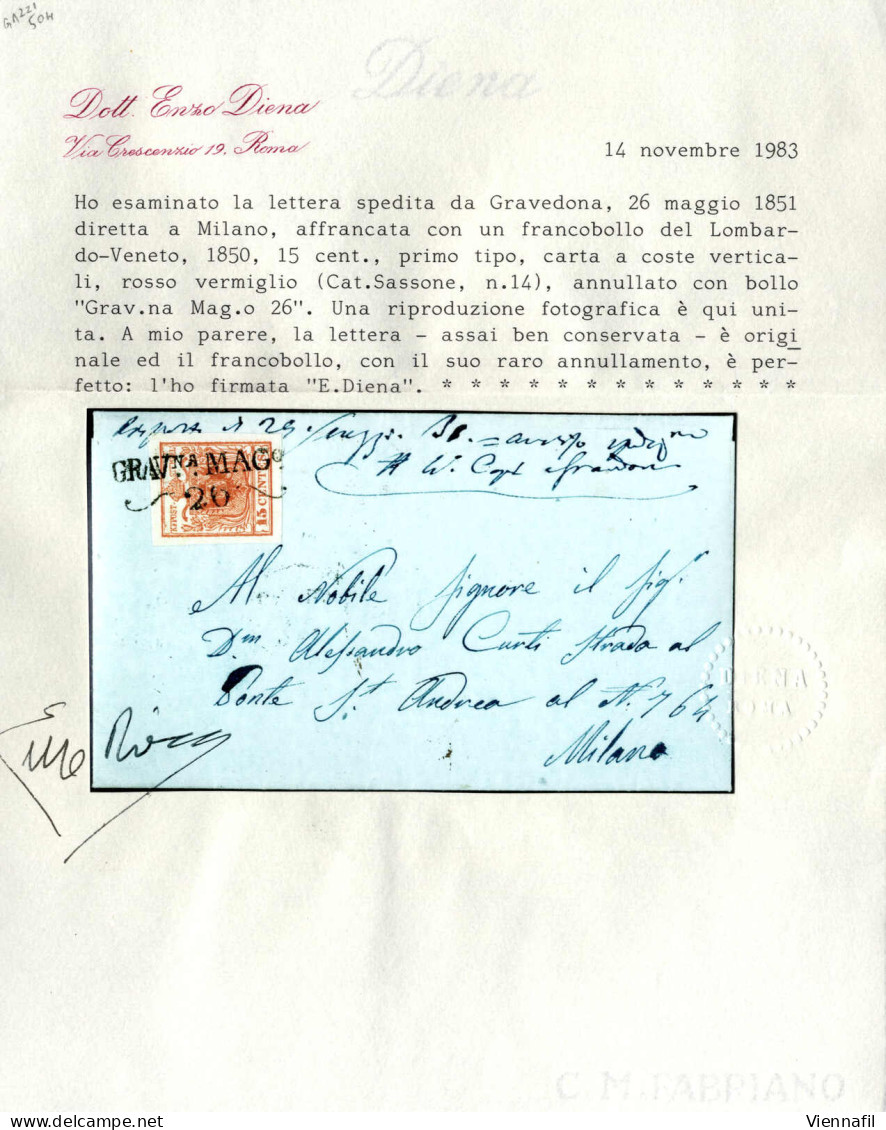 Cover Grav.na, SD Punti 13, Lettera Del 26.5.1851 Per Milano Affrancata Con 15 C. Rosso Vermiglio I Tipo Carta A Coste V - Lombardo-Vénétie