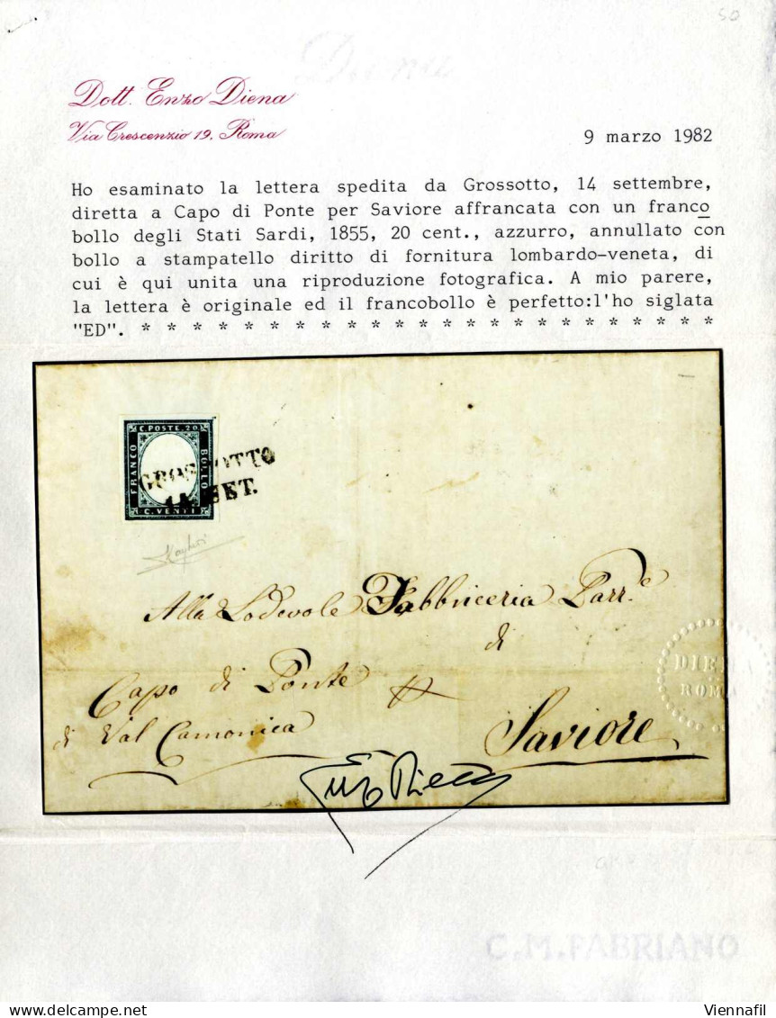 Cover GROSSOTTO 14 SET (annullo SD) Su 20 Cent Azzurro (Sardegna), Lettera Spedita A Capo Di Ponte, Certificato E.Diena, - Lombardije-Venetië