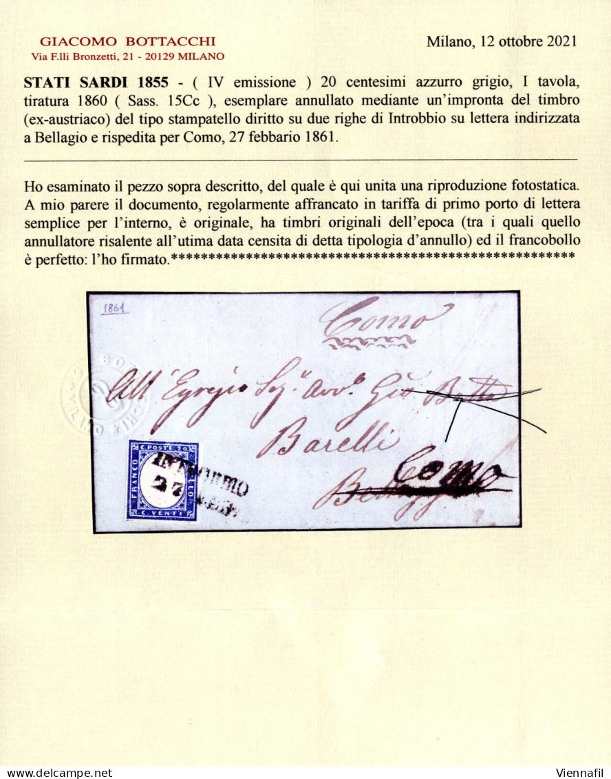 Cover INTROBBIO 27 FEB (annullo SD) Su 20 Cent Azzurro Grigio (Sardegna), Lettera Spedita A Bellaggio E Di Seguito Rispe - Sardinië