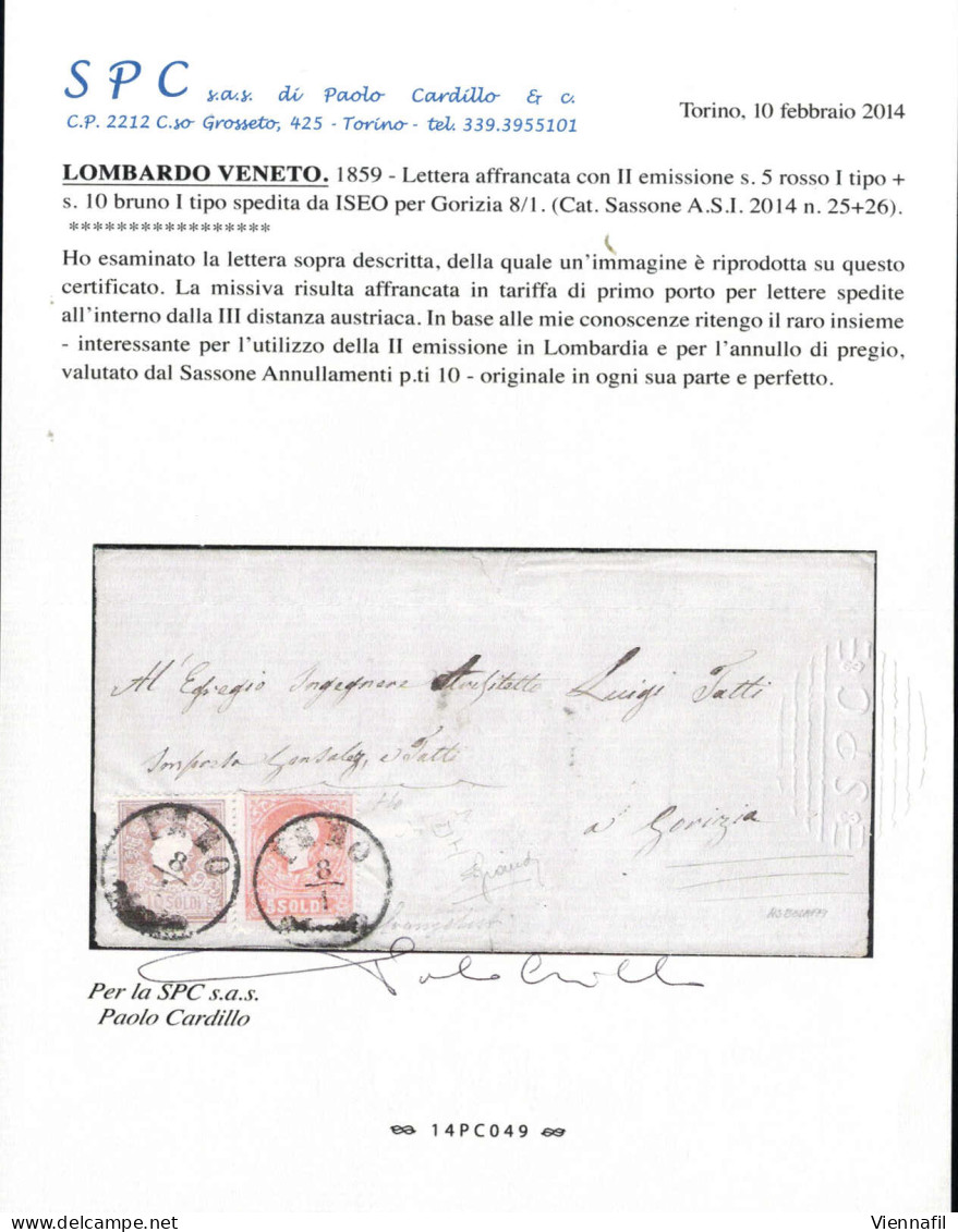 Cover ISEO 8/1 (annullo CO) Su 5 Soldi I° Tipo E 10 Soldi I° Tipo, Lettera Spedita A Gorizia, Certificato Cardillo, Sass - Lombardy-Venetia