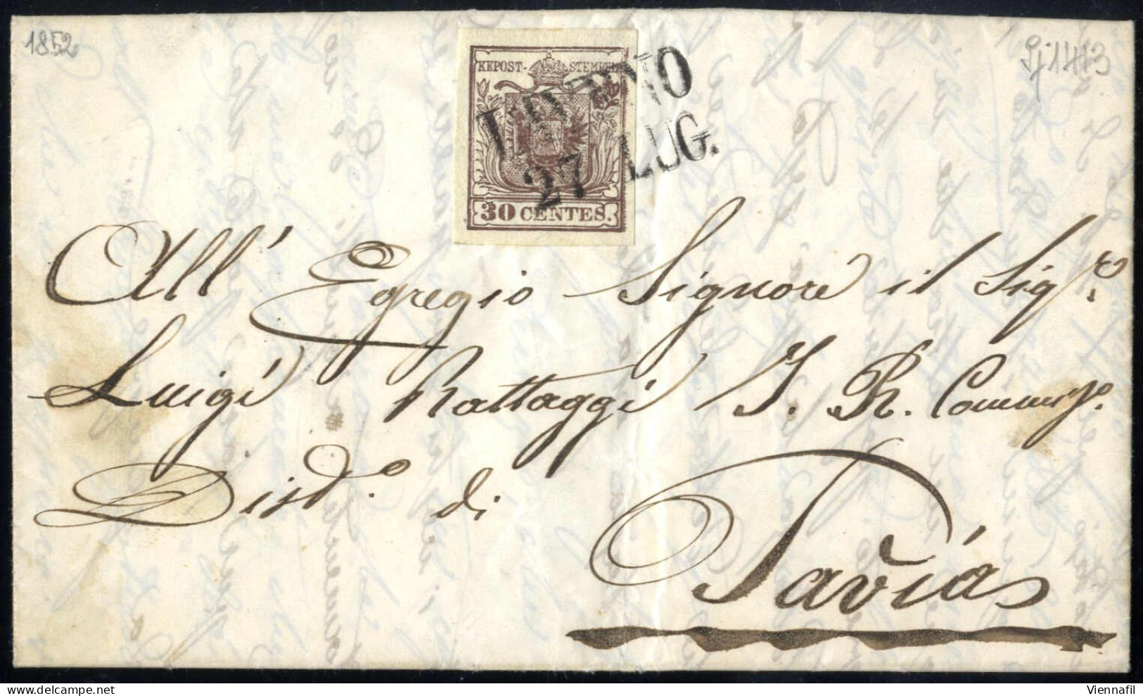 Cover LAVENO, Lettera Completa Del Testo Del 27.7.1852 Per Pavia, Affrancata Con 30 Cent. Bruno, Carta A Mano, I Tipo, A - Lombardije-Venetië