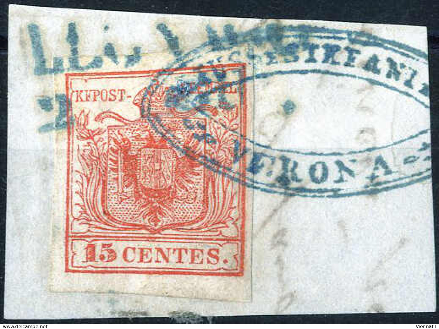 Piece Legnago, SD Azzurro Punti 12, Frammento Con 15 Cent. Rosso I Tipo Prima Tiratura Carta A Mano, Annullato Il 2.6.18 - Lombardije-Venetië