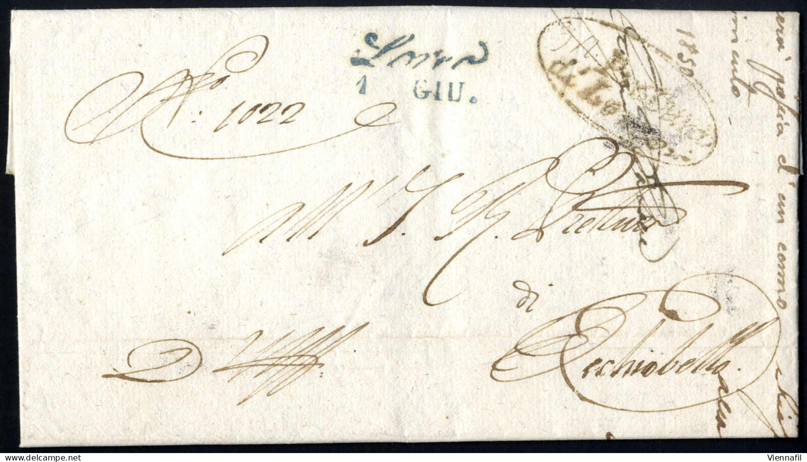 Cover LOREO 1 GIU. 1850 (annullo Cor In Azzurro) Su Lettera In Franchigia A Occhiobello, Sass. P.R2 - Lombardy-Venetia