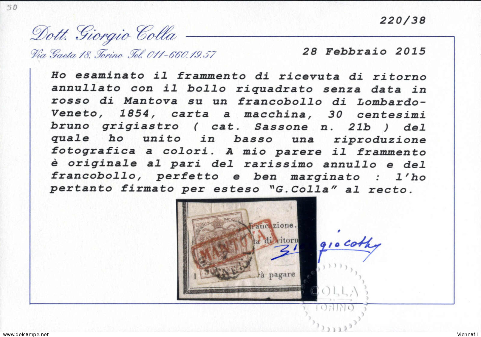 Piece MANTOVA (bollo Riquadrato R S.d. In Rosso) Su Frammento Di Ricevuta Di Ritorno Affrancata Con 30 Cent In Partenza  - Lombardije-Venetië