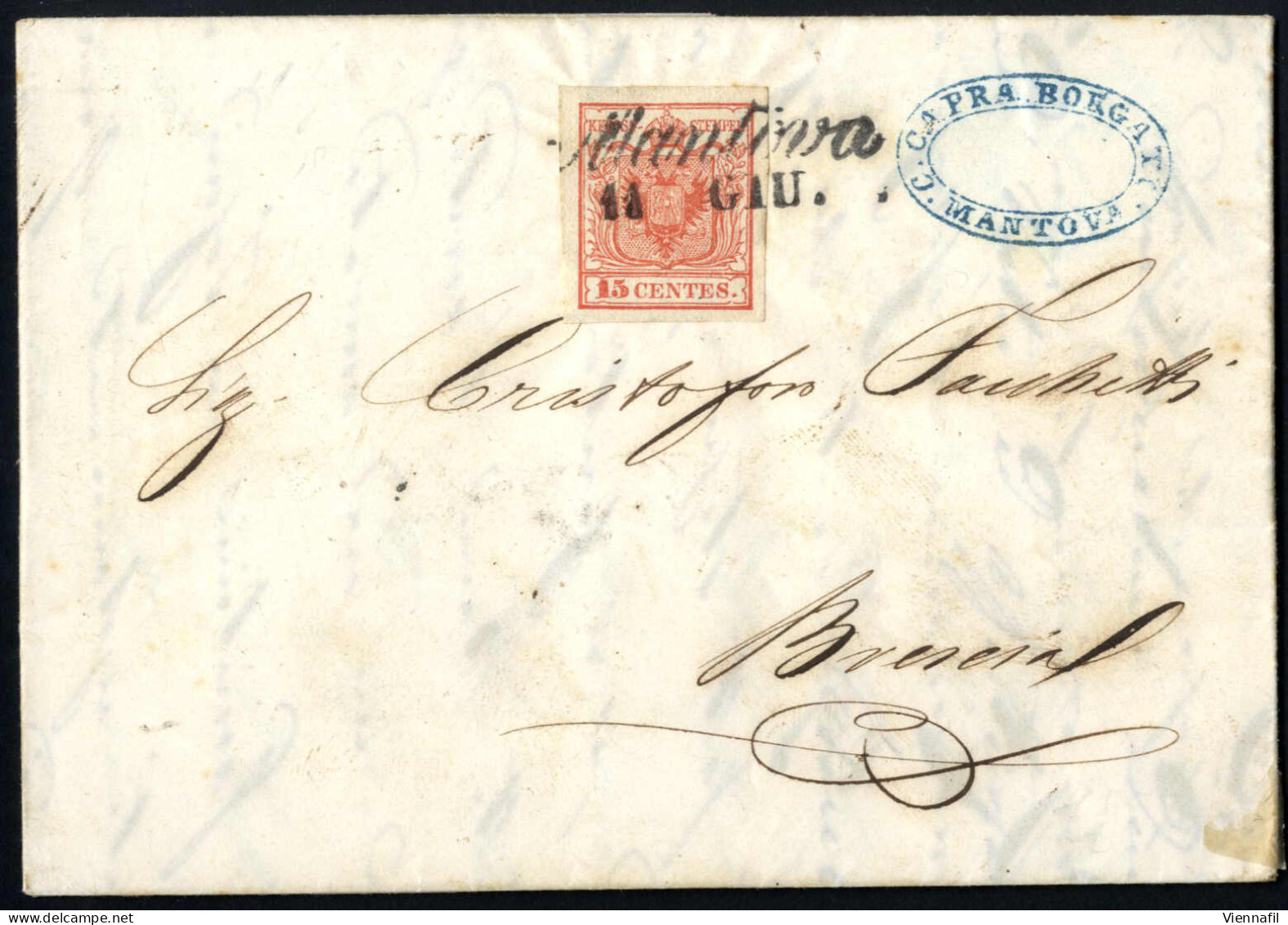 Cover MANTOVA 11. GIU (annullo Cor) Su 15 Cent I° Tipo, Lettera A Brescia, Primo Mese D'uso, Sass. 3 / P.5 - Lombardo-Vénétie