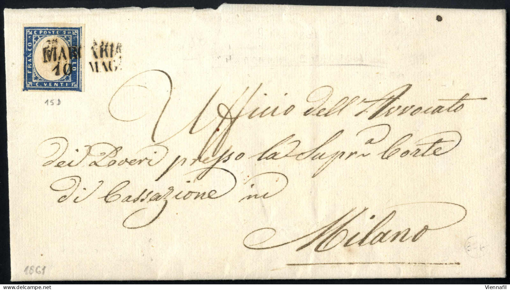 Cover MARCARIA 10 MAG 1861 (annullo SD) Su 20 Cent Azzurro (Sardegna), Lettera Spedita A Milano, Sass. 15 / P.7 - Sardaigne