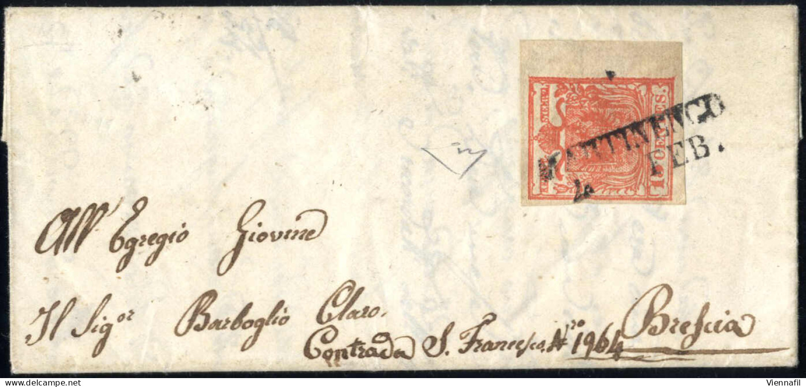 Cover Martinengo, SD Punti 12, Minilettera Del 4.2.1854 Per Brescia Affrancata Con 15 C. Rosso Vermiglio II Tipo Carta A - Lombardije-Venetië