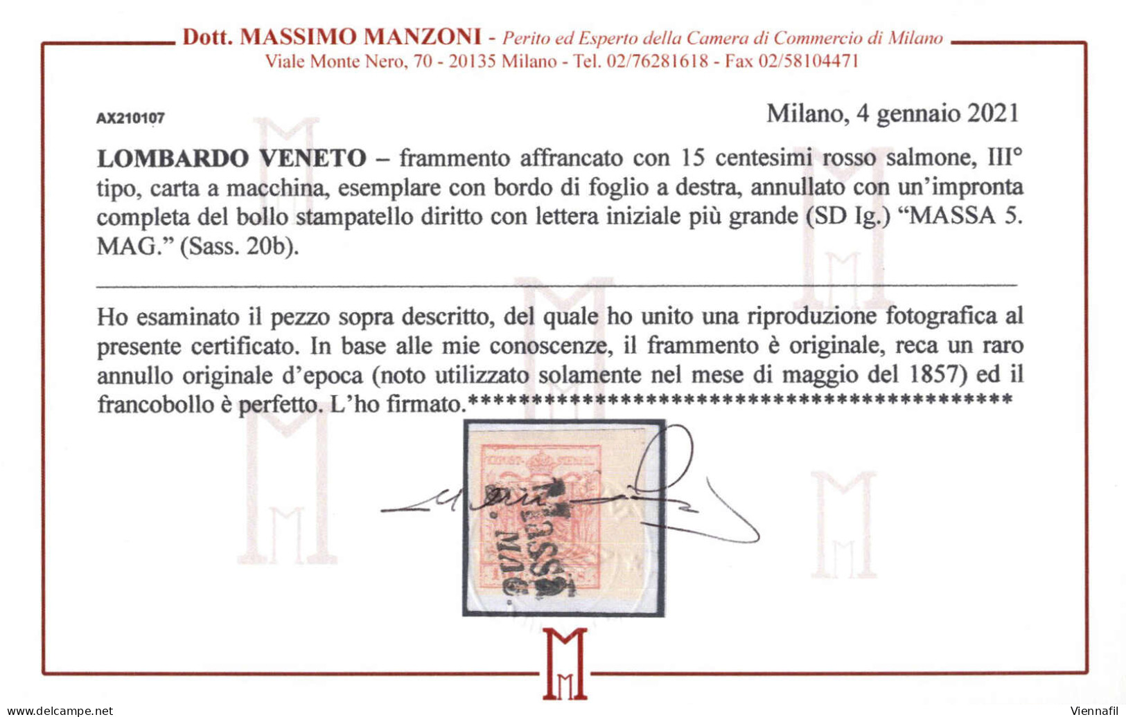 Piece Massa, SD Lg. Punti R2, Frammento Del 5.5 Affrancato Con 15 Cent. Rosso Salmone III Tipo Carta A Macchina, Certifi - Lombardo-Venetien