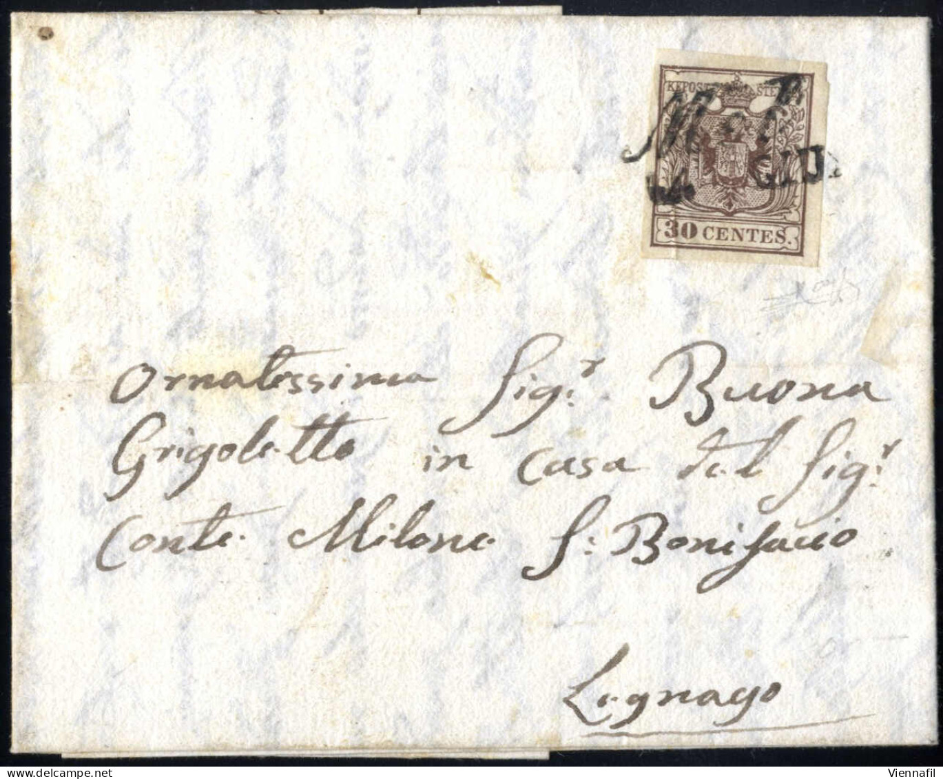 Cover Mel, Cor. Punti 7, Lettera Del 14.6.1851 Per Legnago Affrancata Con 30 C. Bruno I Tipo Carta A Mano, Firmata Rayba - Lombardo-Vénétie