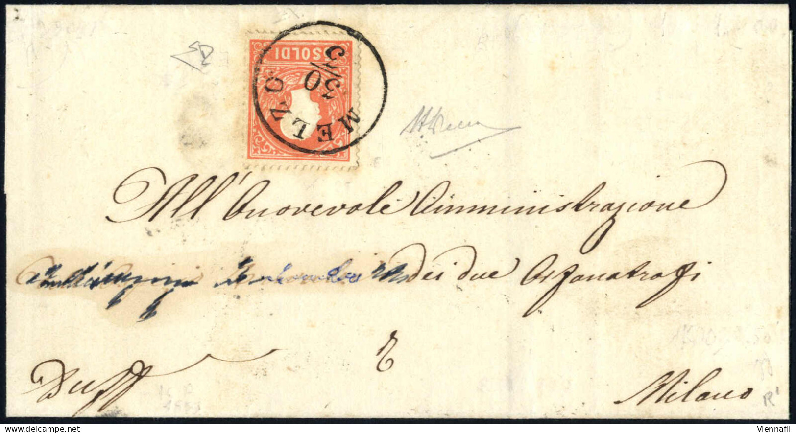 Cover MELZO 30/3 (annullo C1) Su Lettera Affrancata Con 5 Soldi I° Tipo Spedita A Milano, Parte Del Indirizzo Concallato - Lombardy-Venetia