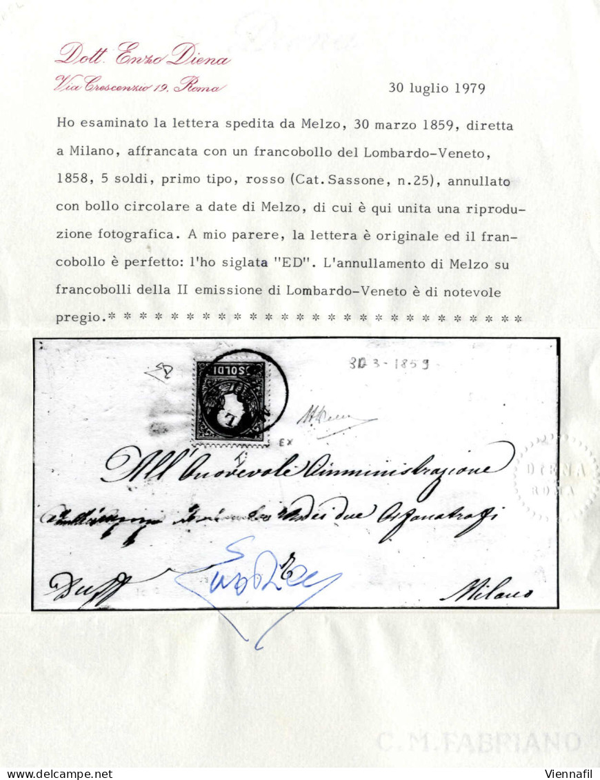 Cover MELZO 30/3 (annullo C1) Su Lettera Affrancata Con 5 Soldi I° Tipo Spedita A Milano, Parte Del Indirizzo Concallato - Lombardo-Vénétie