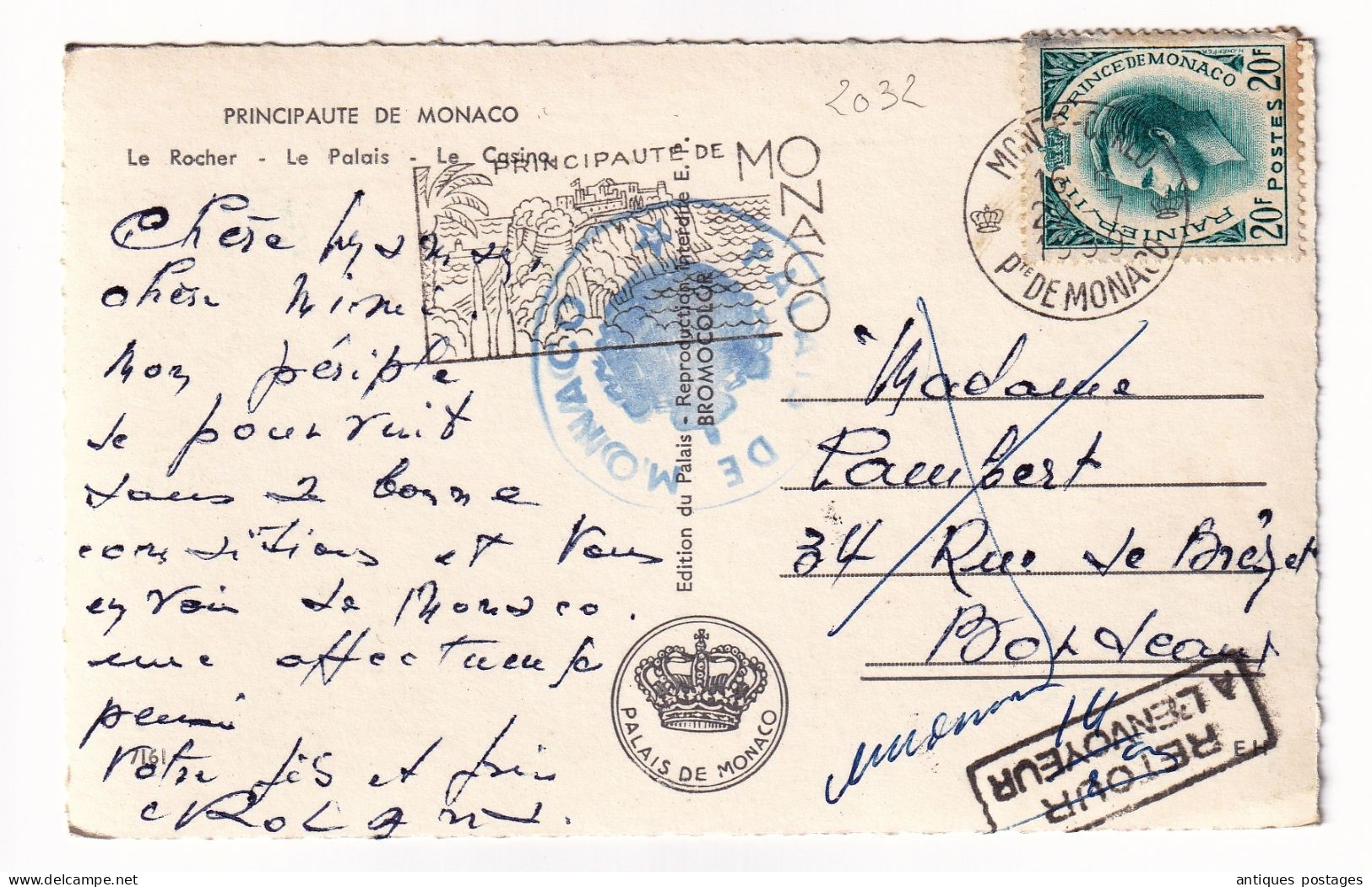 Monaco Cachet Palais De Monaco Retour à L'Envoyeur Rainier III 20F - Briefe U. Dokumente