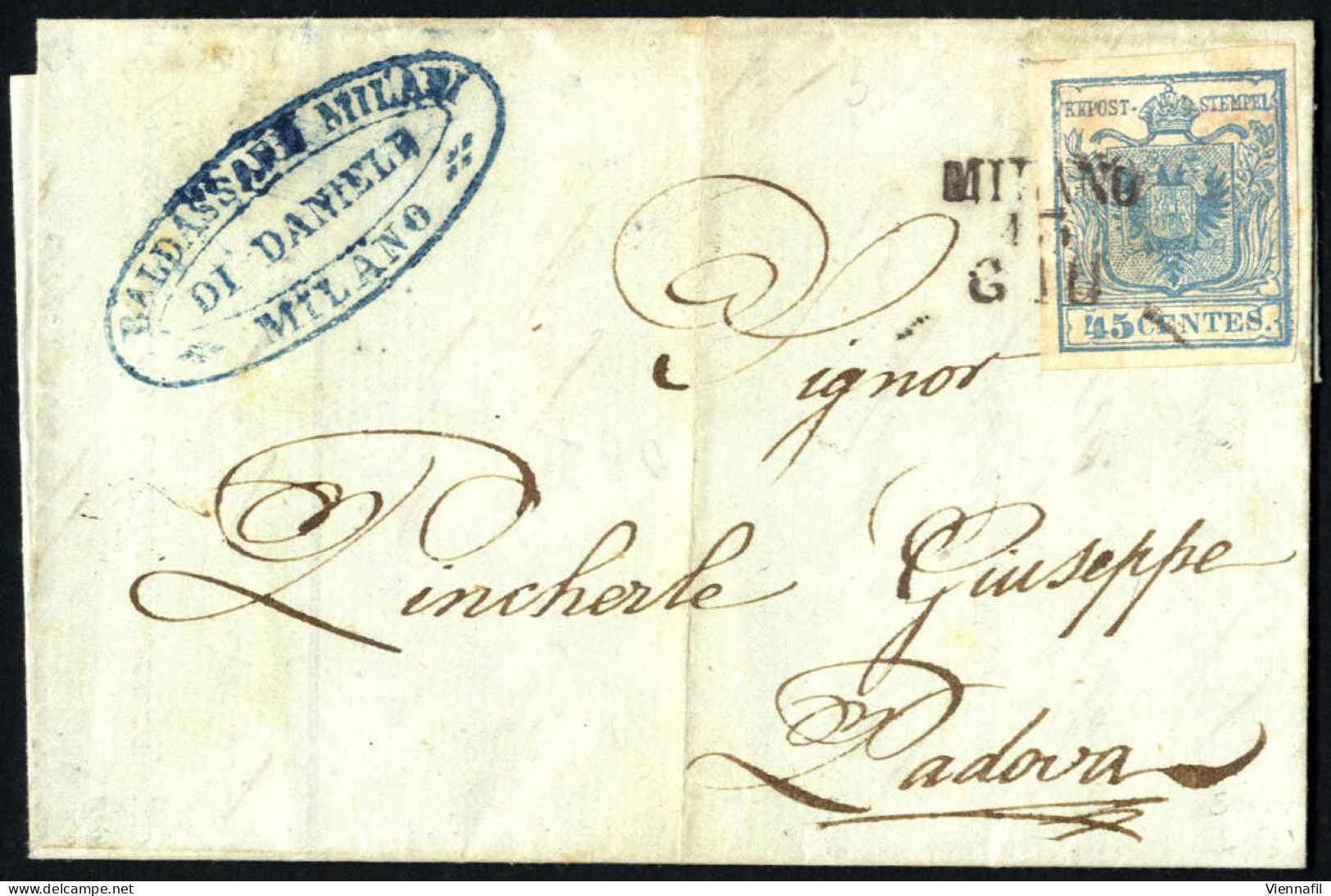 Cover MILANO 13. GIU (annullo SD (I)) Su 45 Cent I° Tipo, Lettera A Padova, Primo Mese D'uso, Sass. 10 / P.6 - Lombardo-Venetien