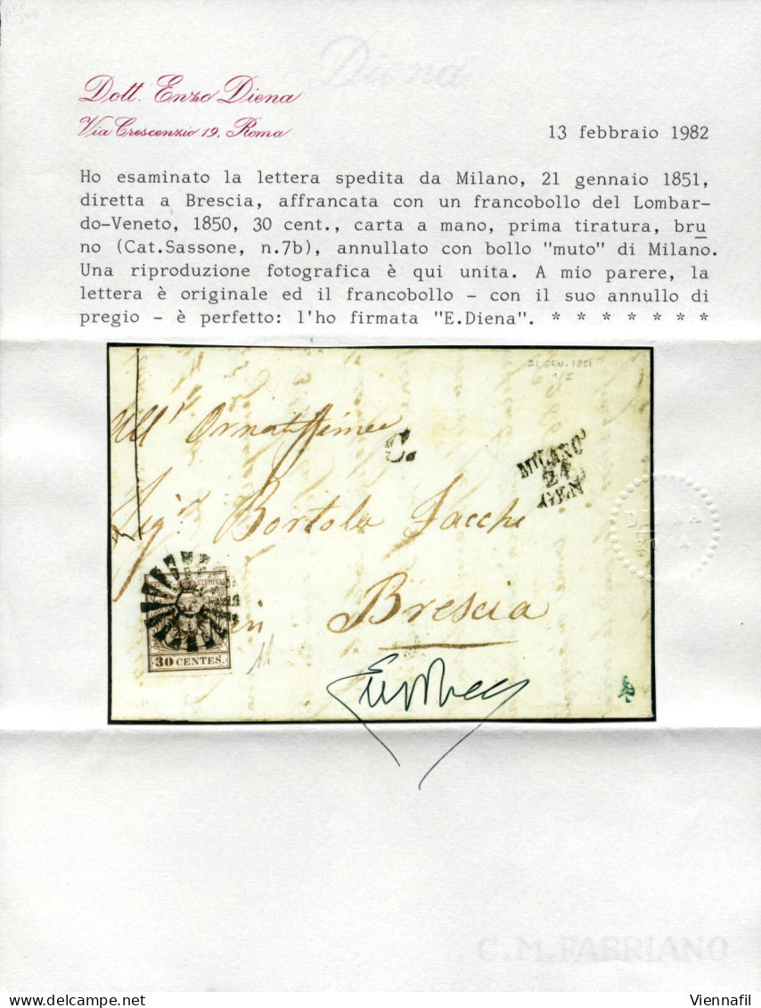 Cover Milano 1851, 30 Cent I° Tipo Su Lettera Spedita Da MILANO 24 GEN A Brescia Timbrata Con L'annullo Muto Di Milano ( - Lombardy-Venetia