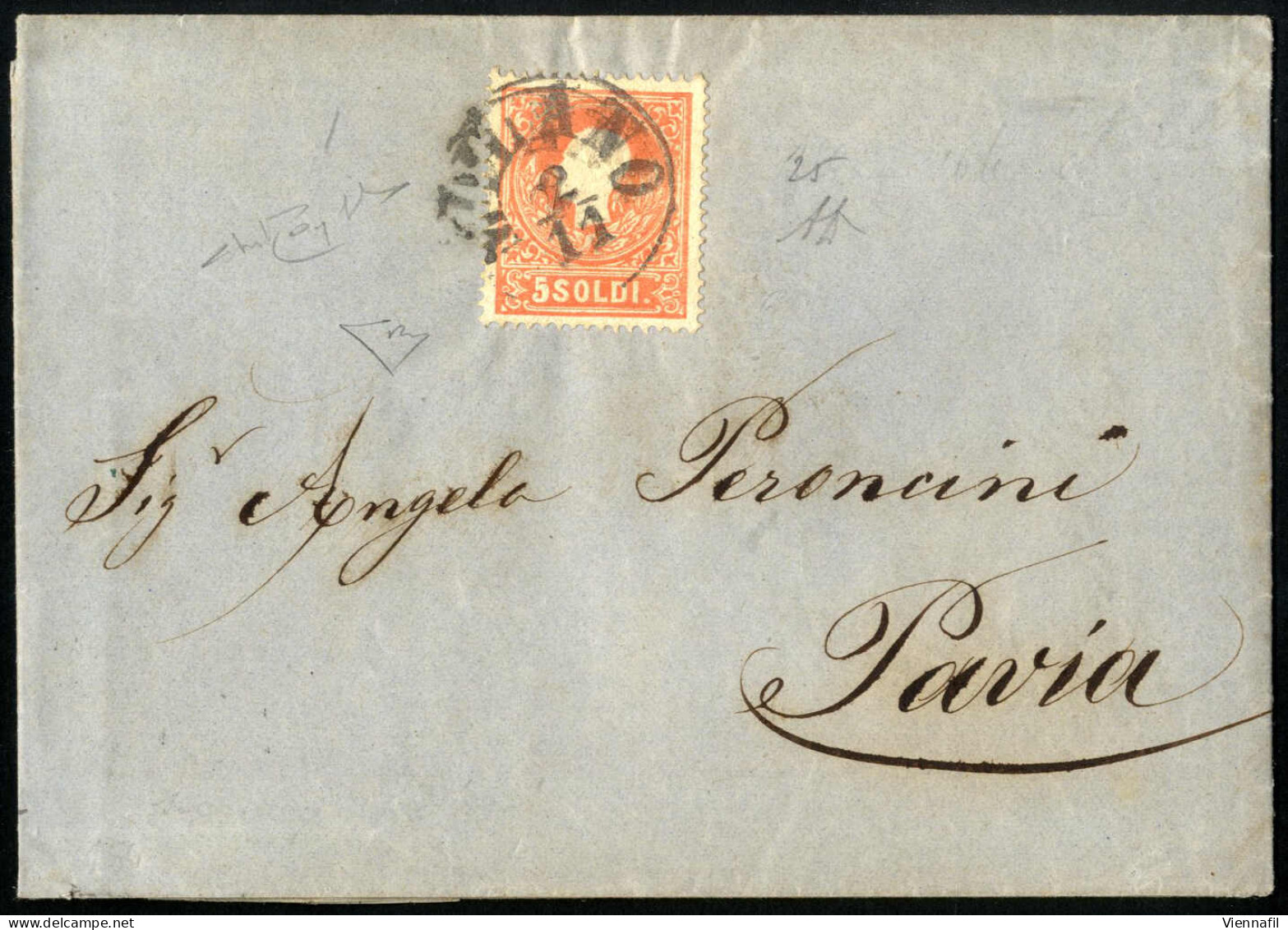 Cover MILANO 2/11 (annullo C1) Su 5 Soldi I° Tipo, Lettera Spedita A Pavia, Primo Mese D'uso, Certificato E.Diena, Sass. - Lombardo-Vénétie