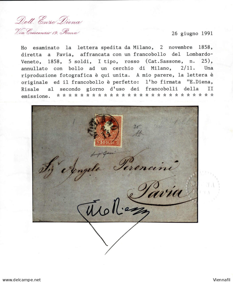 Cover MILANO 2/11 (annullo C1) Su 5 Soldi I° Tipo, Lettera Spedita A Pavia, Primo Mese D'uso, Certificato E.Diena, Sass. - Lombardo-Venetien