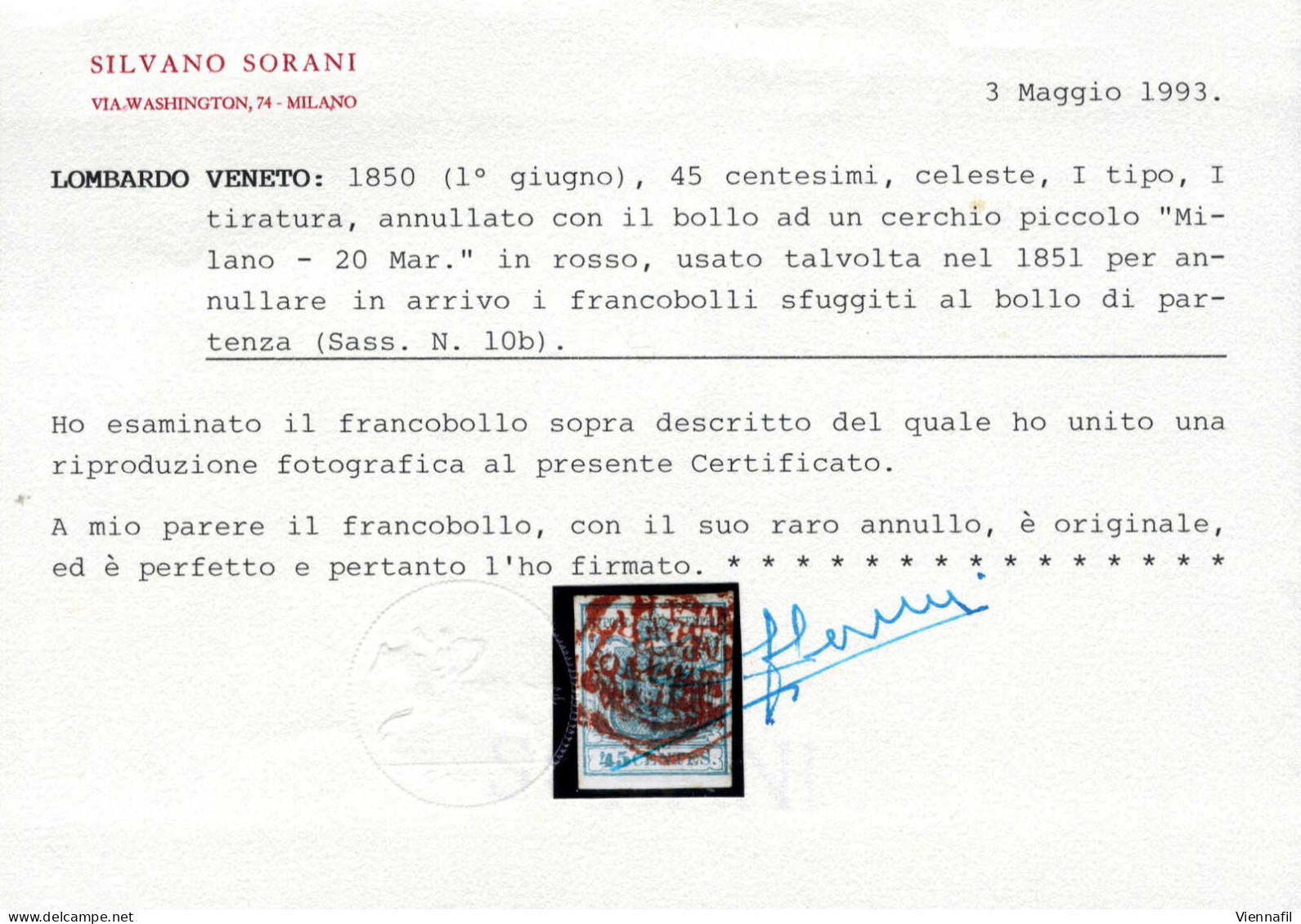 O Milano 20 MAR (bollo C1 Rosso) Su 45 Cent I° Tipo Prima Tiratura, Certificato Sorani, Sass. 10b / P.R2 - Lombardo-Vénétie