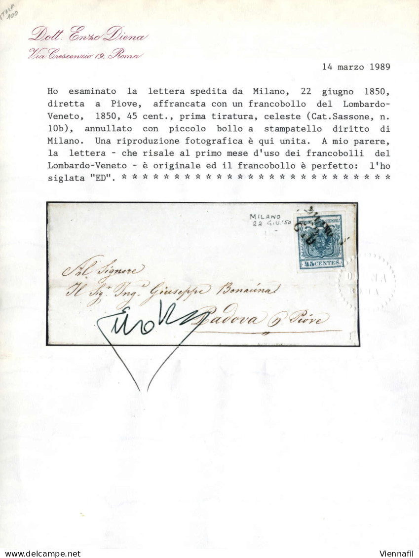Cover Milano, (SD I Punti 6) Lettera Del 22.6.1850 Ventiduesimo Giorno D`uso Per Piove, Affrancata Con 45 C. Celeste I T - Lombardo-Vénétie