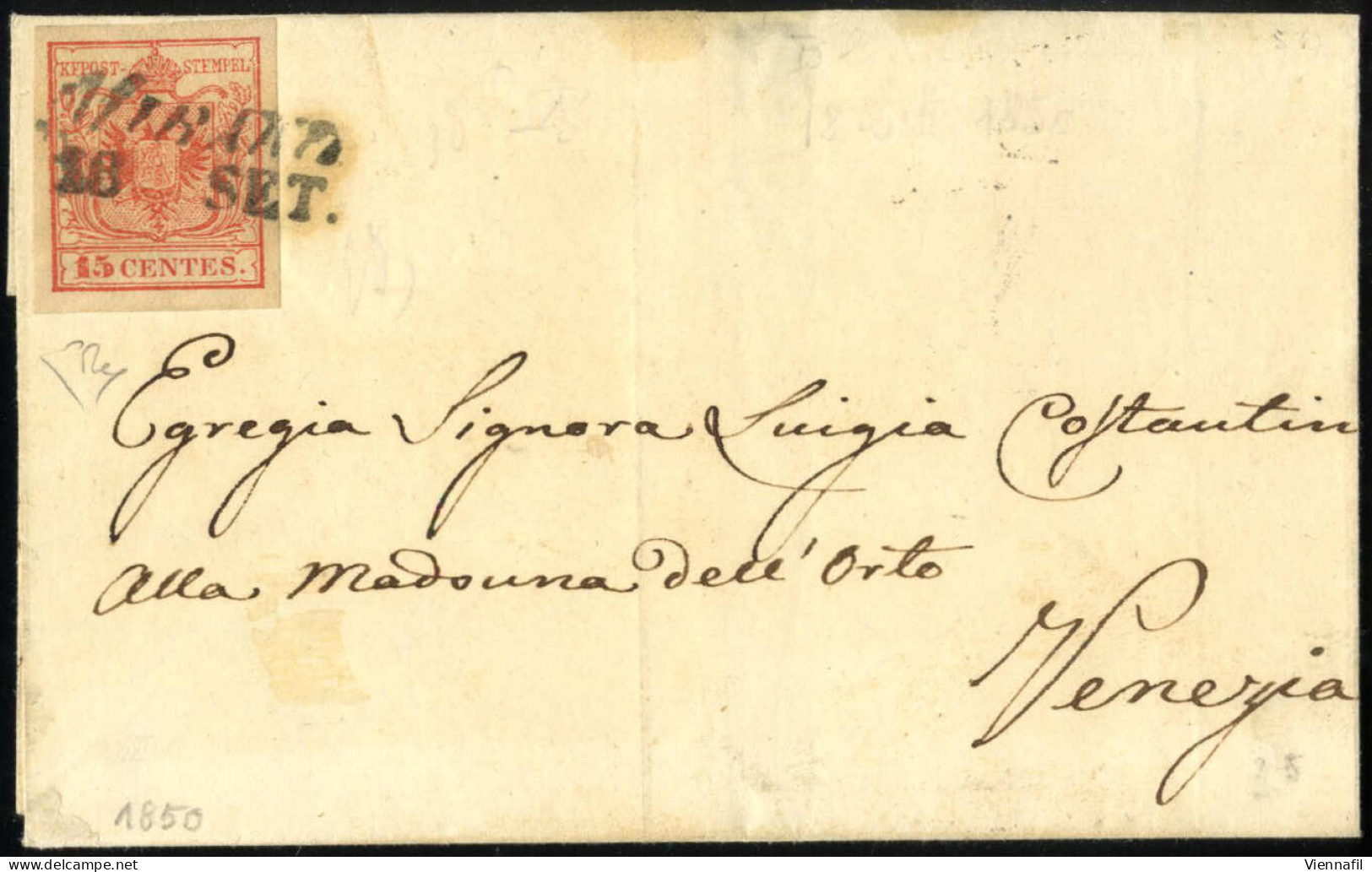 Cover Mirano, SI Lg. Azzurro Nerastro Punti 12, Lettera Del 16.9.1850 Per Venezia Affrancata Con 15 C. Rosso I° Tipo Pri - Lombardy-Venetia