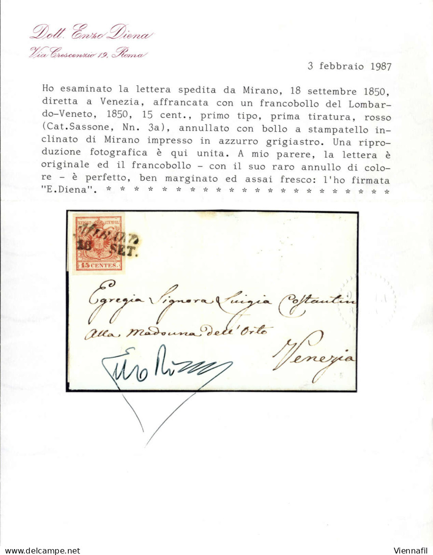 Cover Mirano, SI Lg. Azzurro Nerastro Punti 12, Lettera Del 16.9.1850 Per Venezia Affrancata Con 15 C. Rosso I° Tipo Pri - Lombardy-Venetia