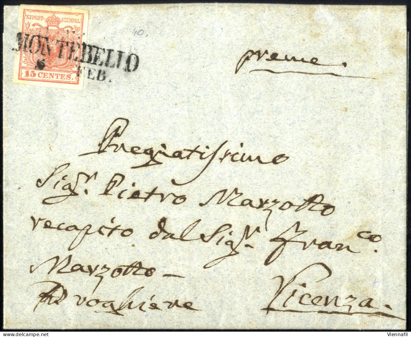 Cover Montebello, SD Punti 11, Lettera Del 5.2.1853 Per Vicenza Affrancata Con 15 Cent. Rosso I Tipo Carta A Mano, Sass. - Lombardo-Vénétie