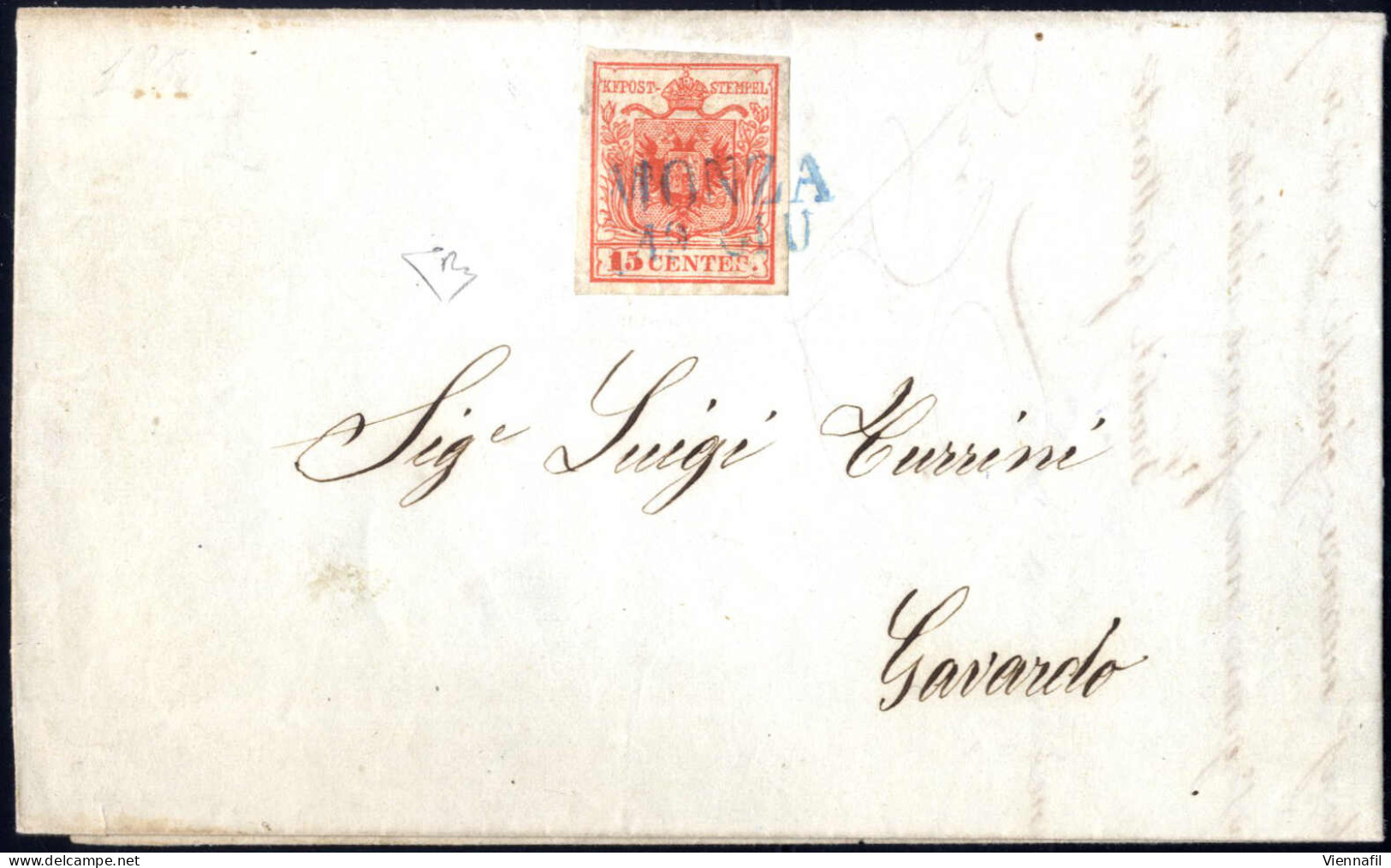 Cover Monza, (SD Azzurro Punti R1) Del 19.6.1850 Dicianovesimo Giorno D`uso Per Gavardo, Affrancata Con 15 C. Rosso I Ti - Lombardije-Venetië