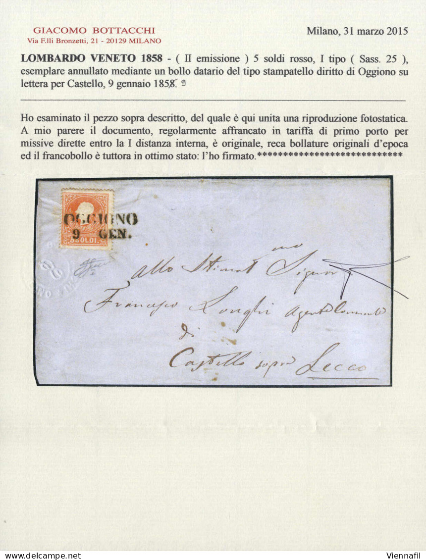 Cover Oggiono, SD Punti 13, Lettera Del 9.1.1859 Per Castello Affrancata Con 5 S. Rosso I Tipo, Firmata Ferrario, Cert.  - Lombardy-Venetia