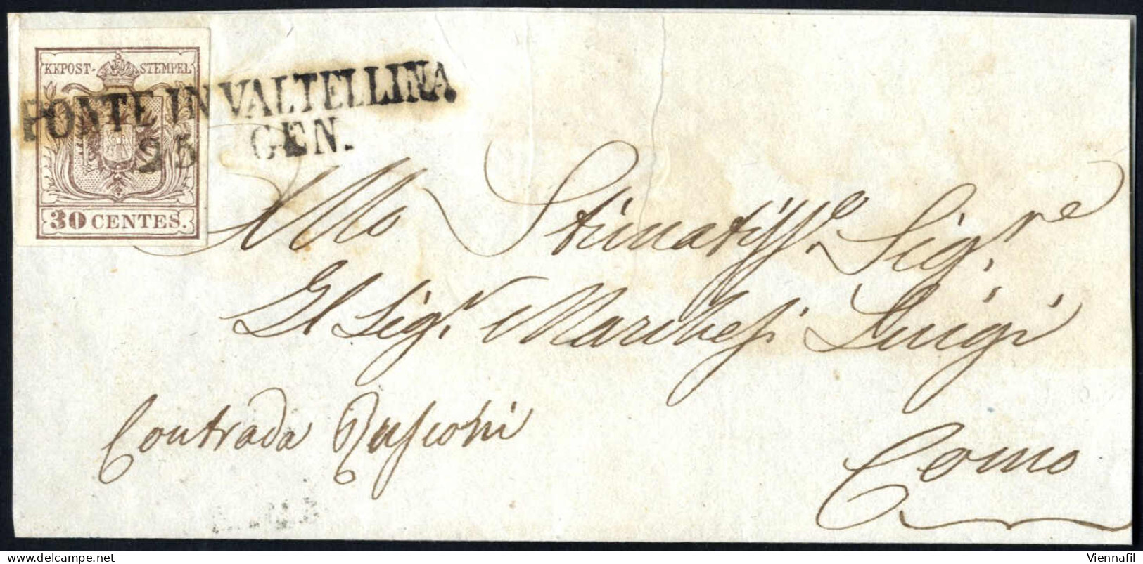 Cover PONTE IN VALTELLINA: Lettera Del 25.1.185.. Per Como, Affrancata Con 30 Cent. Bruno Chiaro, Carta A Mano, I Tipo E - Lombardo-Vénétie