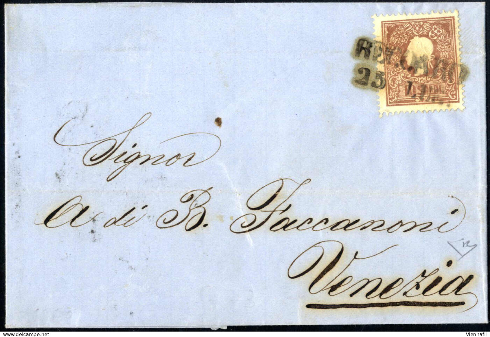 Cover RECOARO 25 LUG (annullo SD Nero Azzurrastro) Su 10 Soldi II° Tipo, Lettera Spedita A Venezia, Certificato E.Diena, - Lombardo-Vénétie