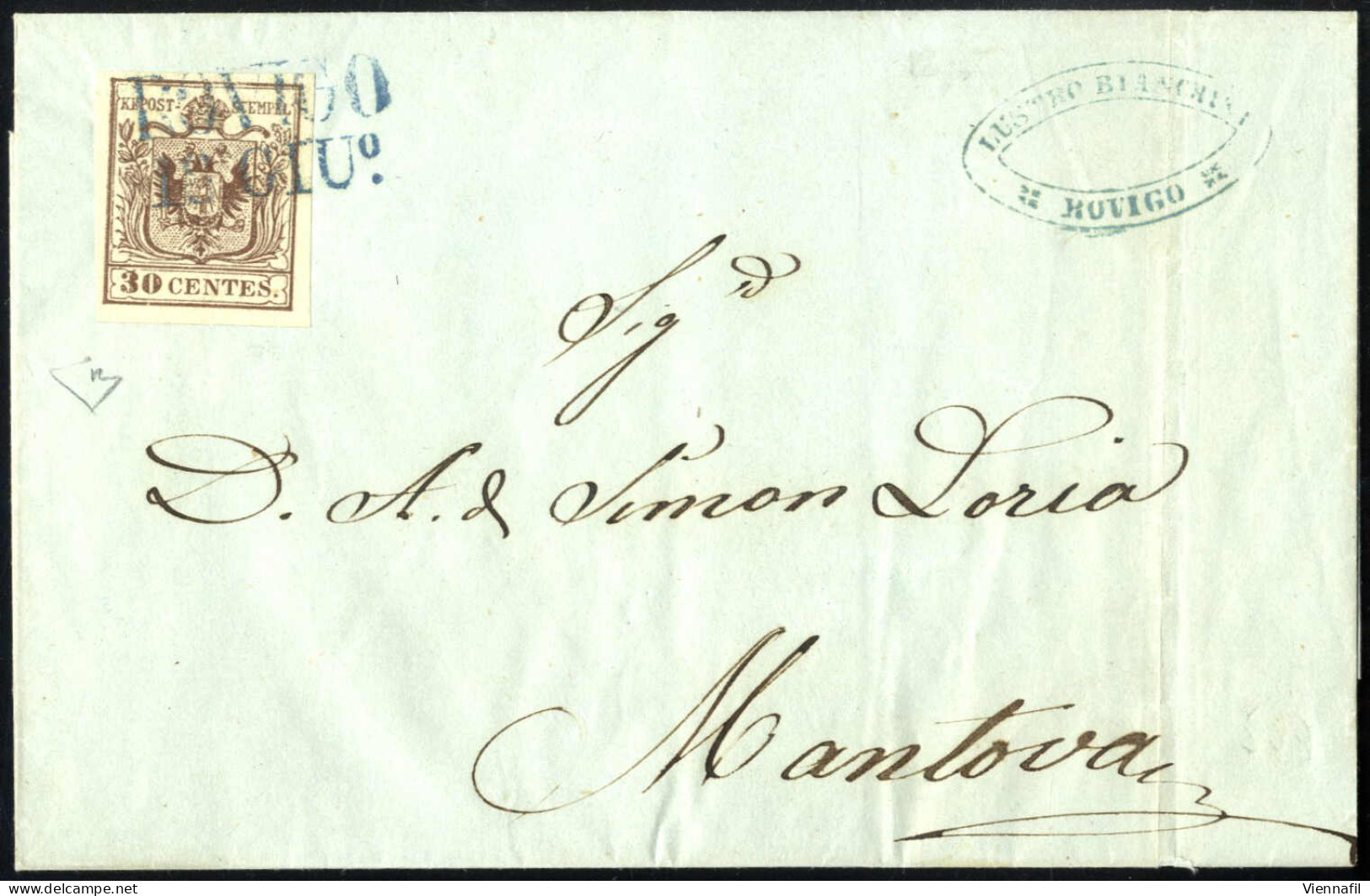 Cover Rovigo, (SD Azzurro Punti 11) Lettera Del 18.6.1850 Diciottesimo Giorno D`uso Per Mantova Affrancata Con 30 C. Bru - Lombardije-Venetië