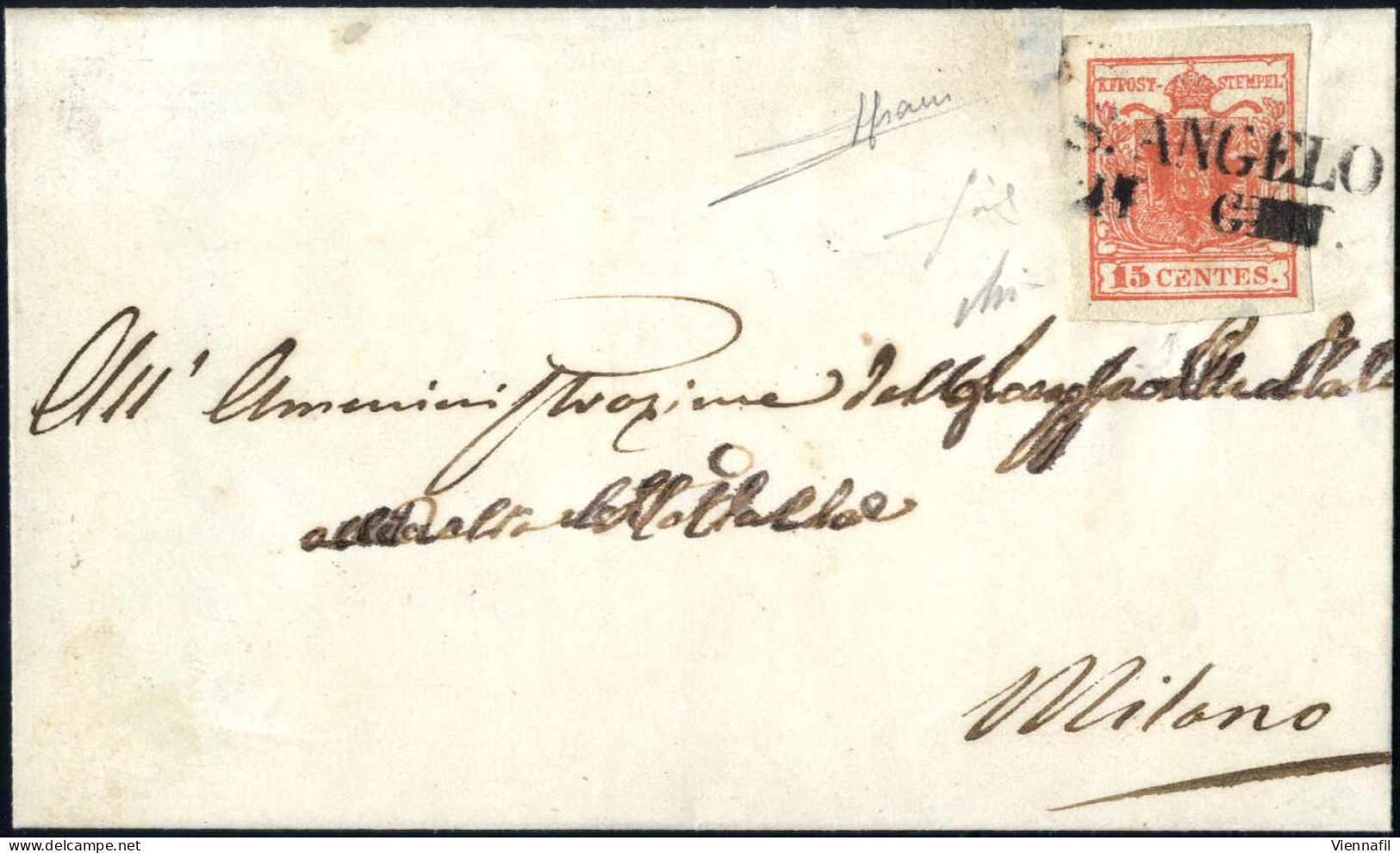 Cover St. Angelo, SD Punti 13, Lettera Del 12.10.1850 Per Padova Affrancata Con 15 C. Rosso Vermiglio I Tipo Carta A Man - Lombardo-Vénétie