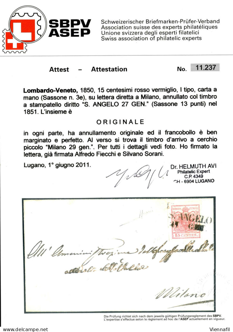 Cover St. Angelo, SD Punti 13, Lettera Del 12.10.1850 Per Padova Affrancata Con 15 C. Rosso Vermiglio I Tipo Carta A Man - Lombardy-Venetia