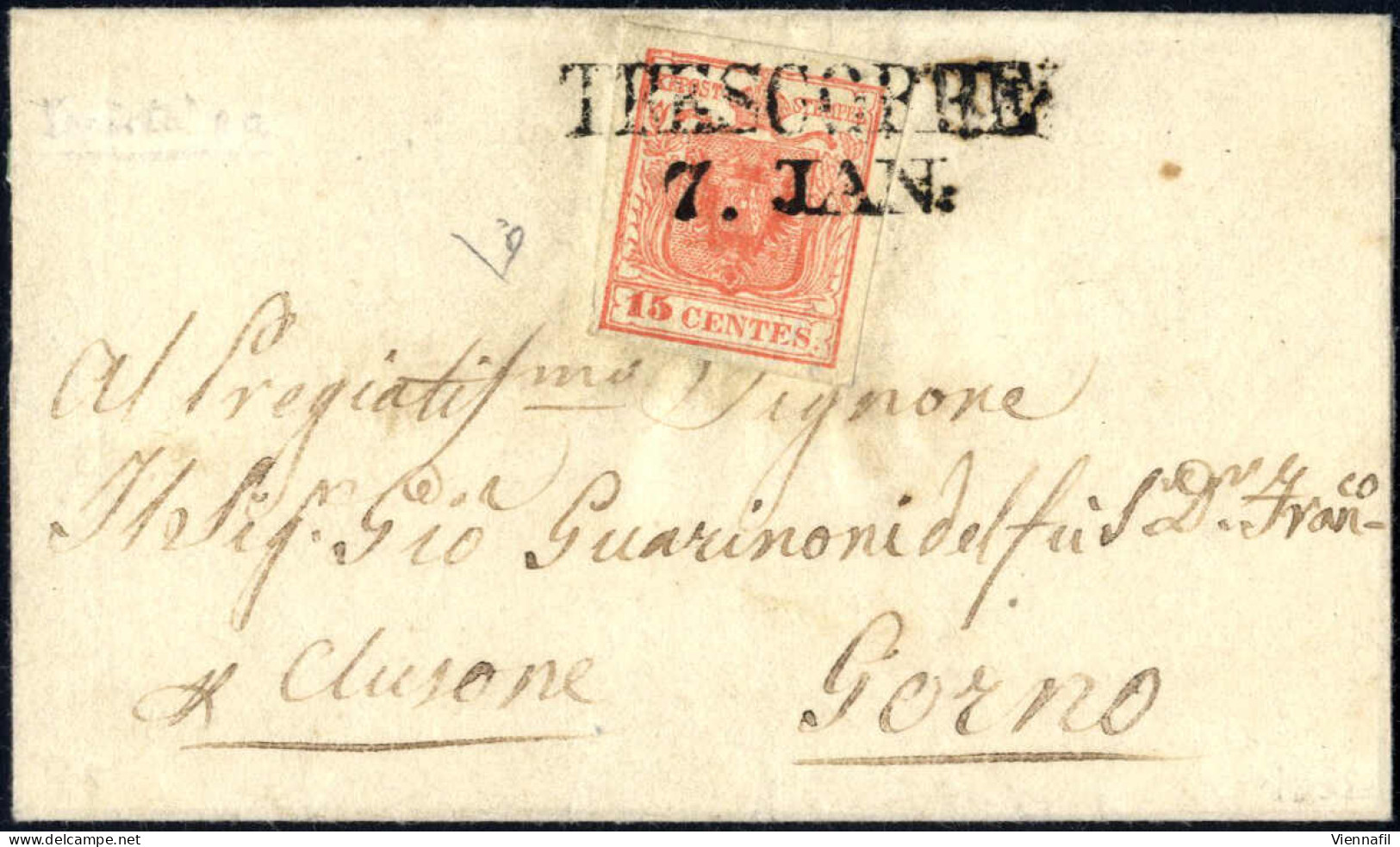 Cover Trescorre, (SI Punti 9), Lettera Del 7.1.1851 Per Gorno Affrancata Con 15 C. Rosso Vermiglio II Tipo Carta A Mano, - Lombardije-Venetië