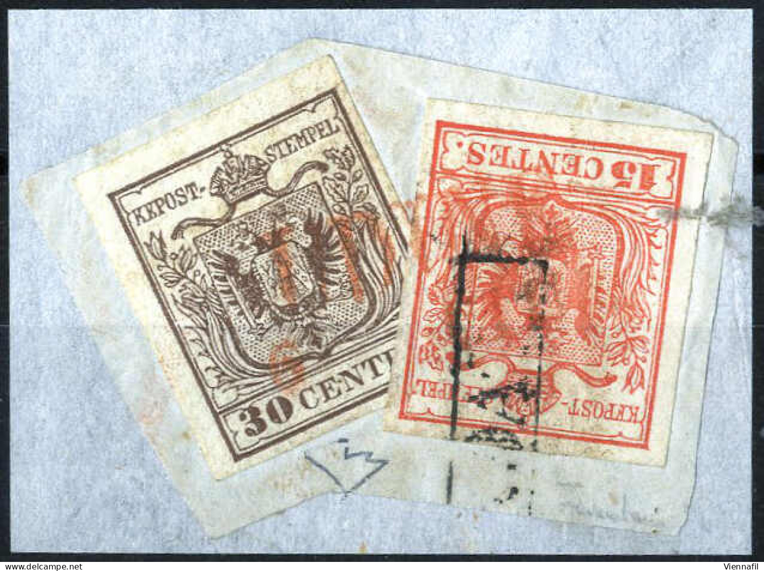 Piece Udine, (SD Rosso E RACC. Punti R4) Frammento Con 15 Cent. Rosso E 30 Cent. Bruno I Tipo Prima Tiratura Carta A Man - Lombardy-Venetia