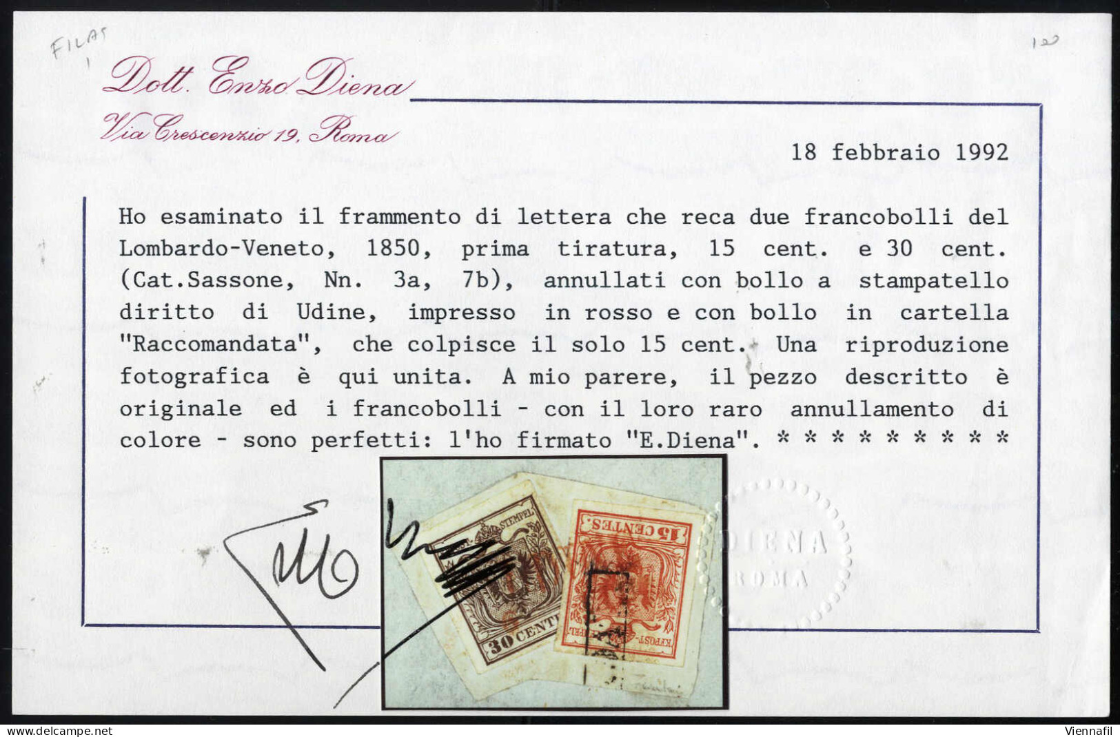 Piece Udine, (SD Rosso E RACC. Punti R4) Frammento Con 15 Cent. Rosso E 30 Cent. Bruno I Tipo Prima Tiratura Carta A Man - Lombardo-Venetien