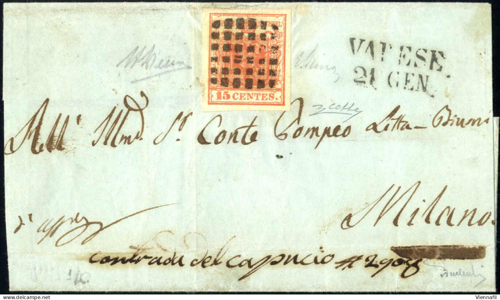 Cover Varese, M, SD Punti R2, Lettera Del 24.1 Per Milano Affrancata Con 15 C. Rosso I Tipo Carta A Mano, Firmata Emilio - Lombardo-Venetien