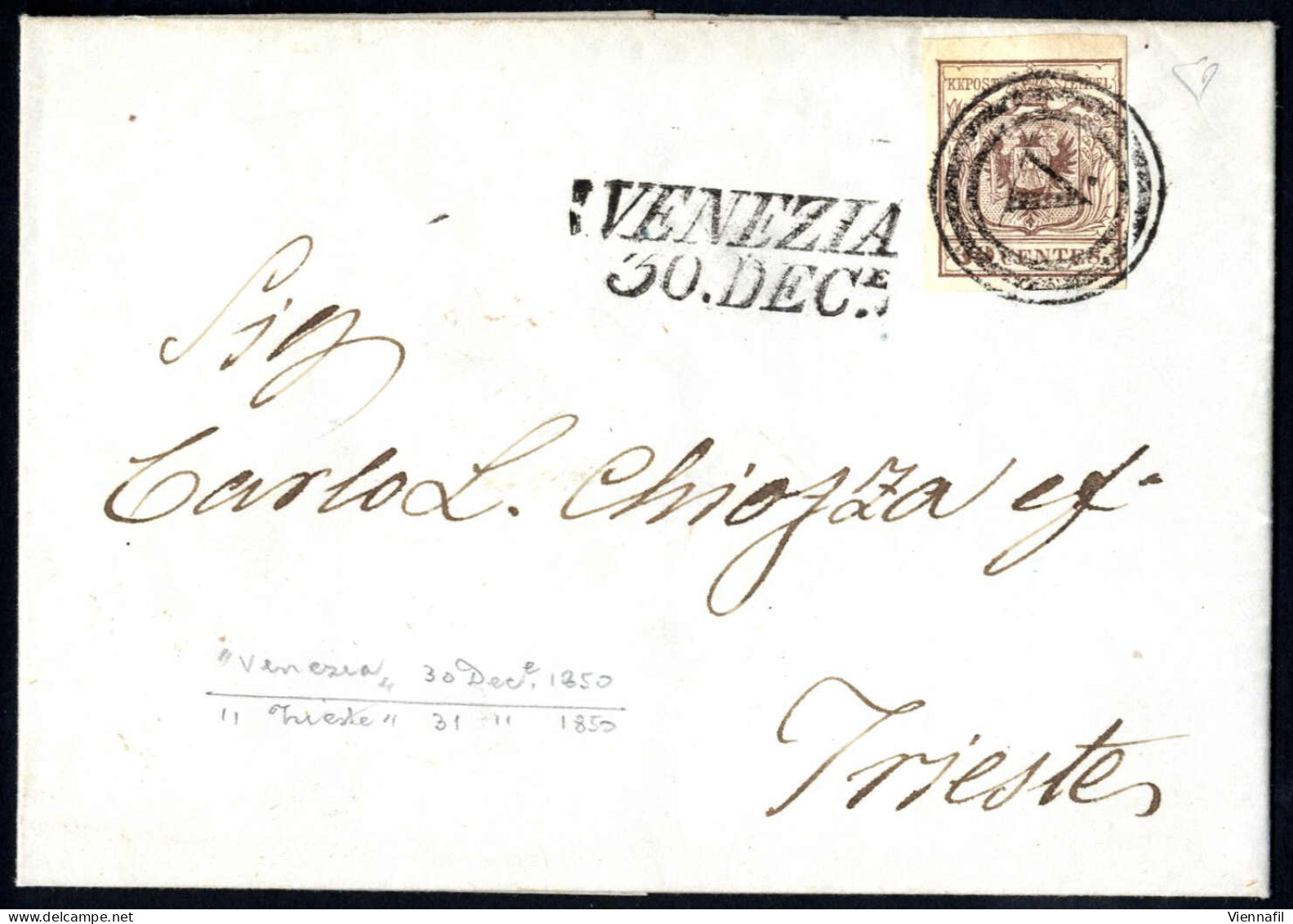 Cover VENEZIA 30.DEC + Annullo Muto (annullo M+SI) Su 30 Cent I° Tipo, Lettera Spedita A Trieste, Sass. 7/ P.8 - Lombardo-Vénétie