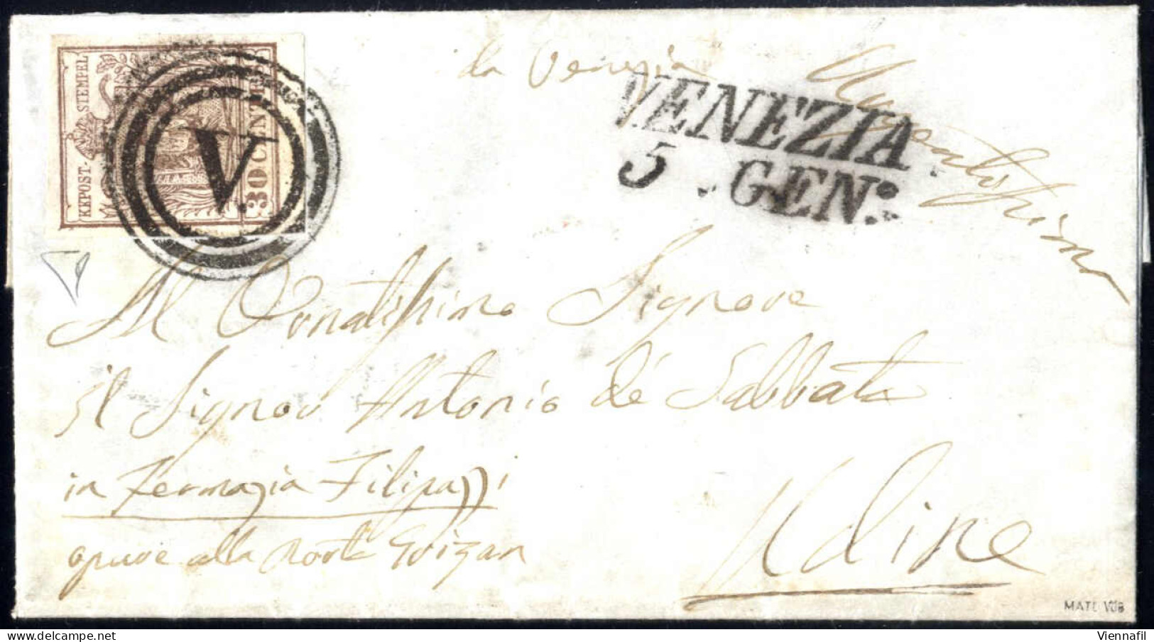 Cover Venezia, M, SI Punti 8, Lettera Del 5.1.1851 Per Udine Affrancata Con 30 C. Bruno Chiaro I Tipo Prima Tiratura Car - Lombardo-Venetien