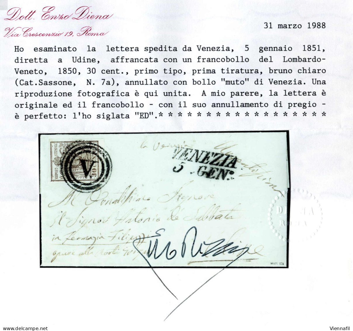 Cover Venezia, M, SI Punti 8, Lettera Del 5.1.1851 Per Udine Affrancata Con 30 C. Bruno Chiaro I Tipo Prima Tiratura Car - Lombardo-Venetien