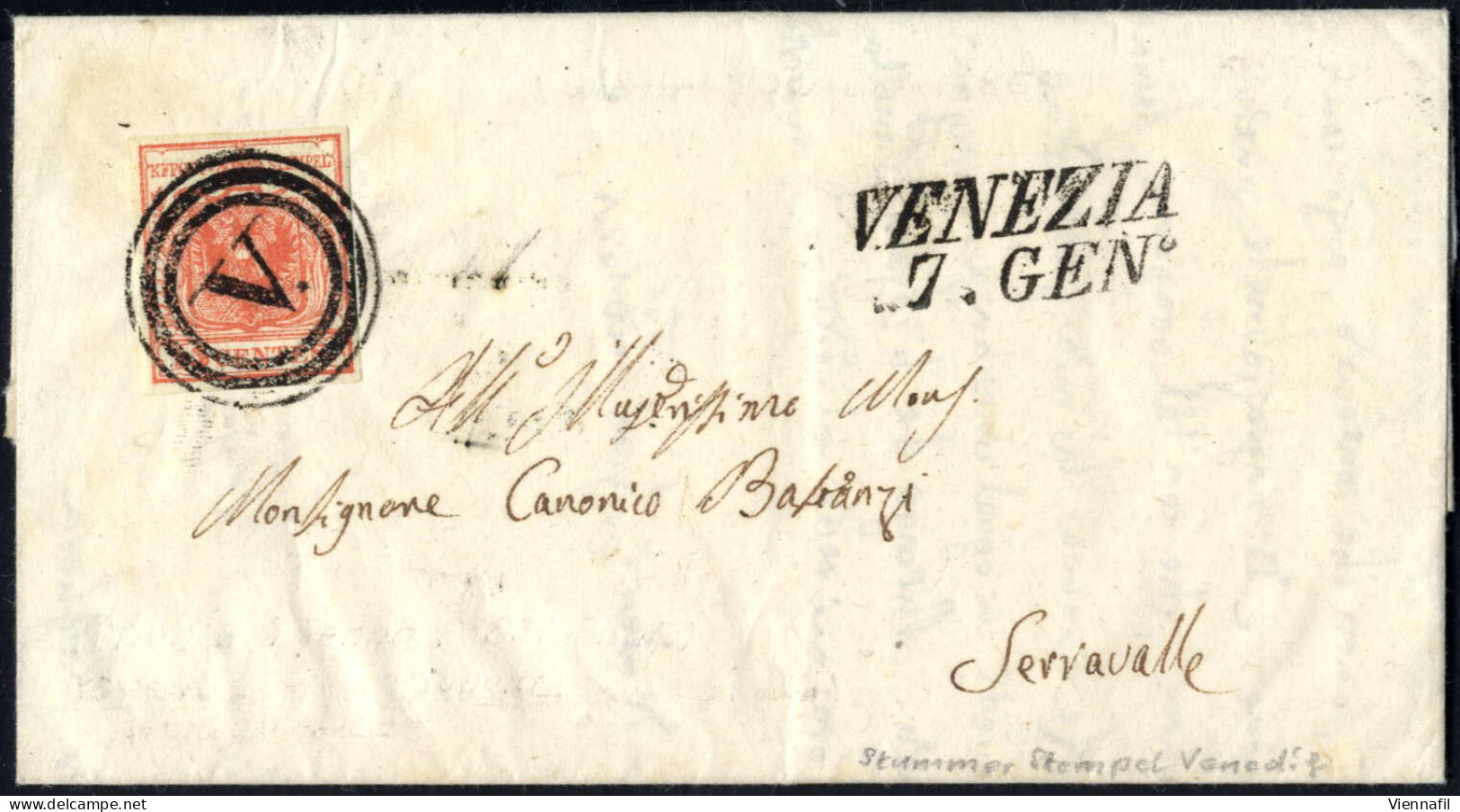 Cover Venezia, M, SI Punti 8, Lettera Del 7.1.1851 Per Serravalle Affrancata Con 15 C. Rosso I Tipo Carta A Mano, Sass.  - Lombardy-Venetia