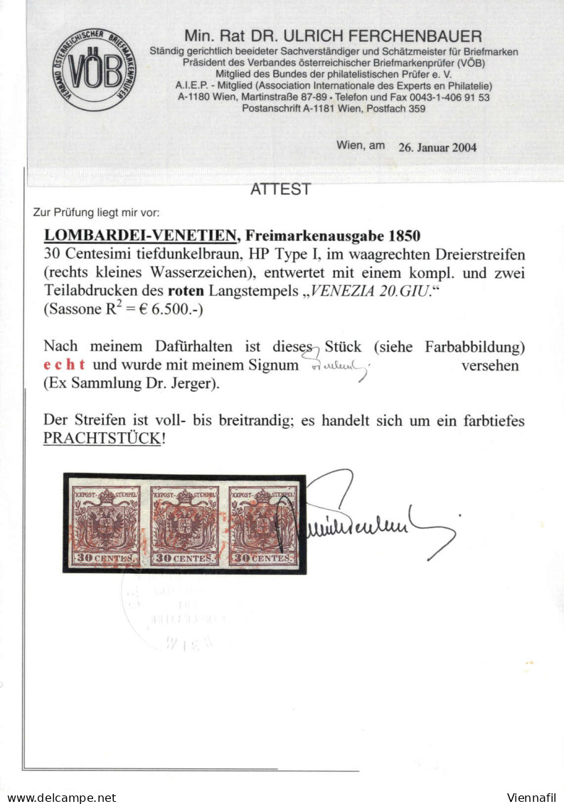 O/pair VENEZIA: 30 C. Bruno Scuro, Carta A Mano, I Tipo, Striscia Orizzontale Di Tre (a Destra Piccola Parte Filigrana), - Lombardo-Vénétie