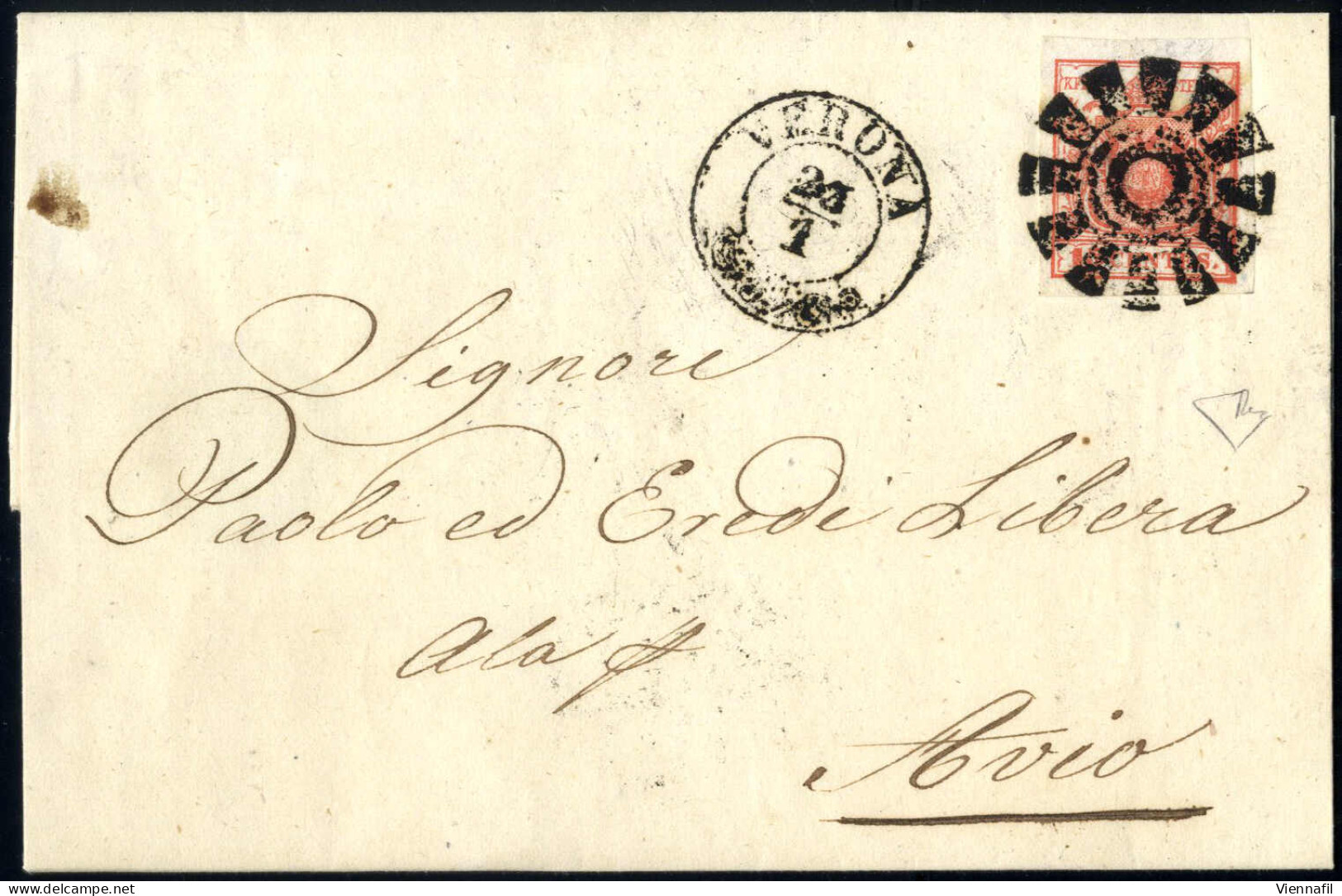 Cover Verona, M, 2CO Punti 11, Lettera Del 23.1.1851 Per Avio Affrancata Con 15 C. Rosso I Tipo Carta A Mano, Cert. Enzo - Lombardije-Venetië