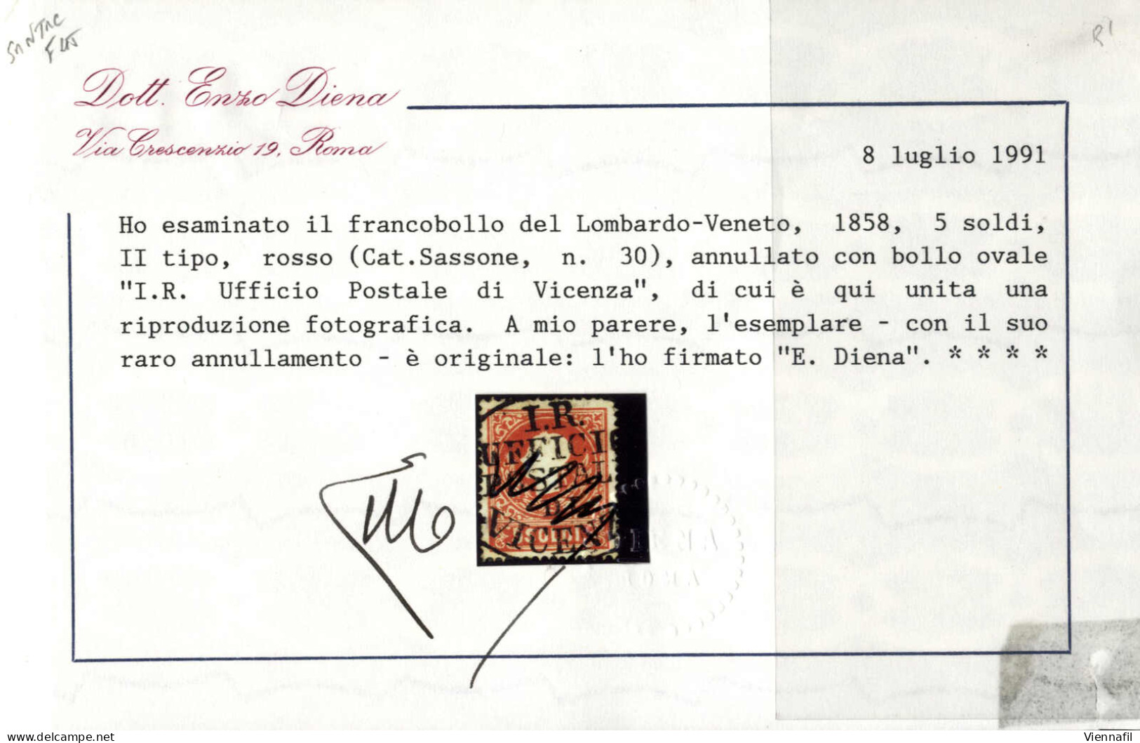 O VICENZA I.R. UFFICIO POSTALE DI Su 5 Soldi II° Tipo, Unico Pezzo Noto, Certificato E.Diena, Sass. 30 / P.R1 - Lombardije-Venetië