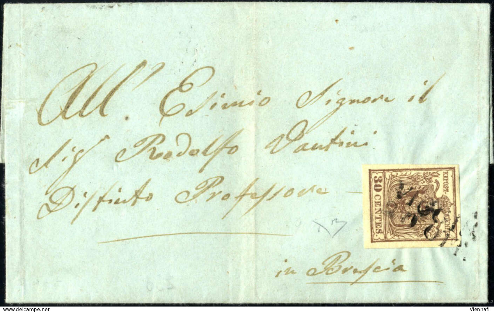 Cover Viggiù, SD Punti 12, Lettera Del 20.10.1854 Per Brescia Affrancata Con 30 C. Bruno Lillaceo II Tipo Carta A Mano,  - Lombardo-Venetien